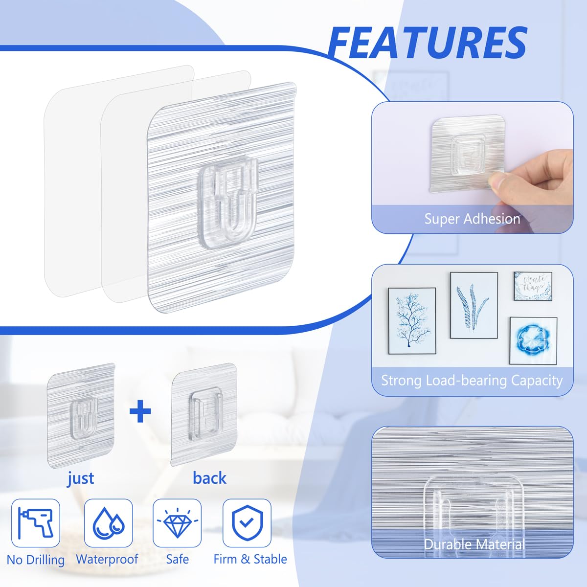 30 Pack Heavy Duty Clear Double Sided Adhesive Wall Hooks - Waterproof Sticky Hooks for Bathroom, Kitchen, Picture Hanging - Perfect for Organizing Home, Office & Dorm Rooms