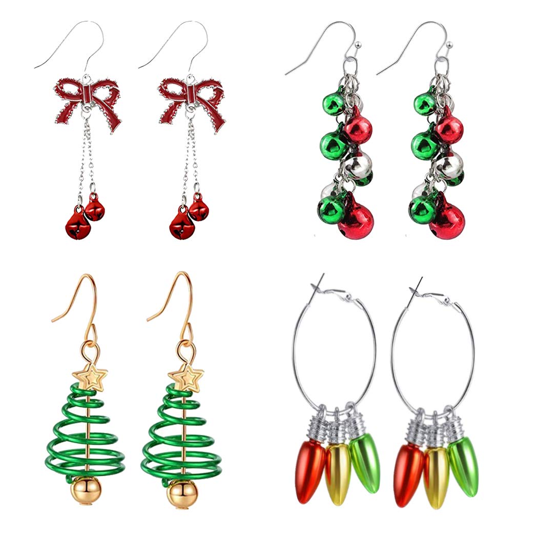4 Pairs Christmas Earrings for Women - Holiday Dangle Drop Earrings with Red Bow, Jingle Bells & Tree Charms | Bulk Xmas Jewelry Gifts for Girls, Party, Office & Family Gatherings