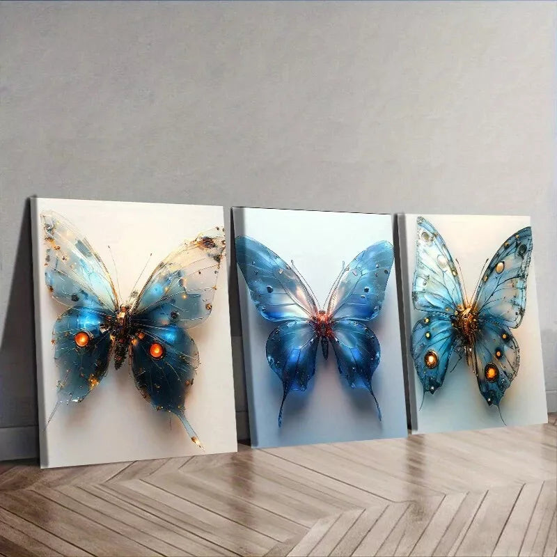 3-Piece Blue Mechanical Butterfly Wall Art Set - Framed Canvas 40x60cm - High Quality Print - 100% Australian Made - Ready to Hang - Perfect for Living Room, Bedroom & Office Decor