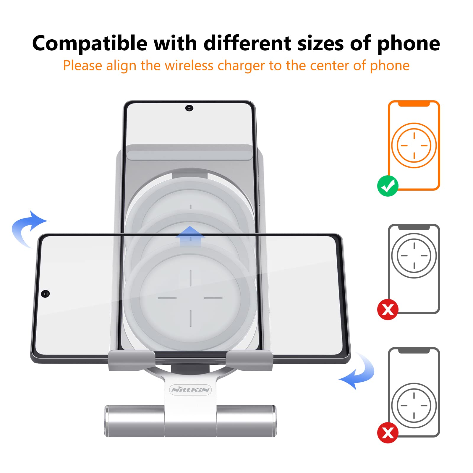 Nillkin Fast 15W Wireless Charger Stand - Adjustable & Foldable Metal Phone Holder for iPhone 15/14/13/12 Pro Max, Samsung Galaxy S24/S23/S22/S21 Ultra, Qi-Certified Charging Pad for Bedroom, Office & Travel