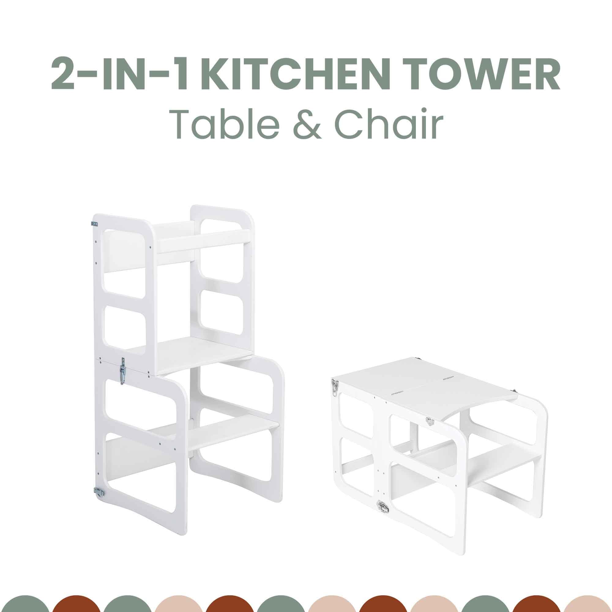 2-in-1 Convertible Kitchen Tower & Step Stool for Toddlers - Adjustable Learning Tower with Safety Rail - Montessori Weaning Table & Chair Set for Kids - Perfect for Baking, Cooking & Playtime Activities