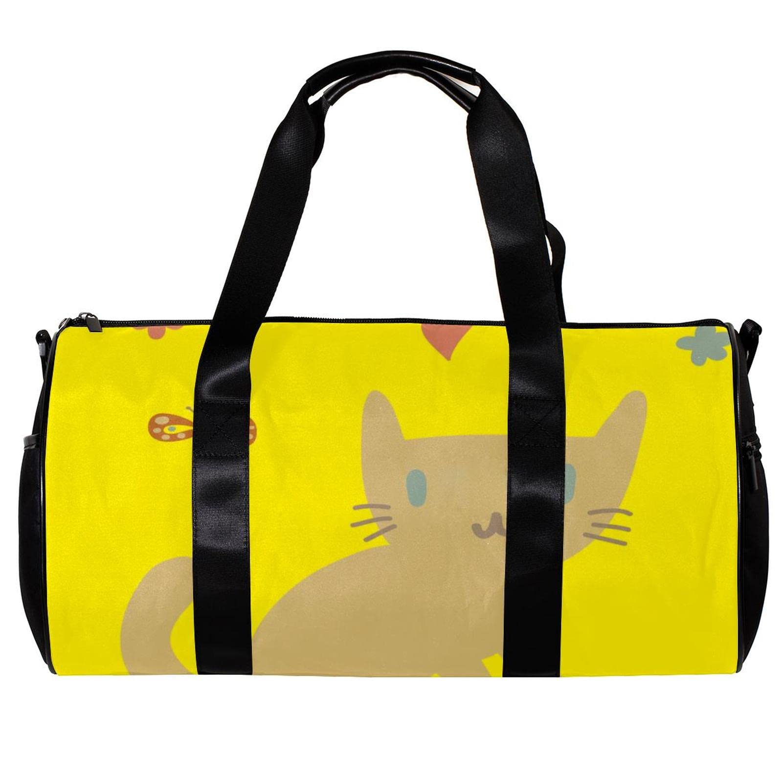 Gym Duffle Bag for Men & Women - Waterproof Overnight Weekender Travel Bag with Cat Cartoon Design in Bright Yellow - Perfect for Gym, Workout, Travel & Weekend Getaways
