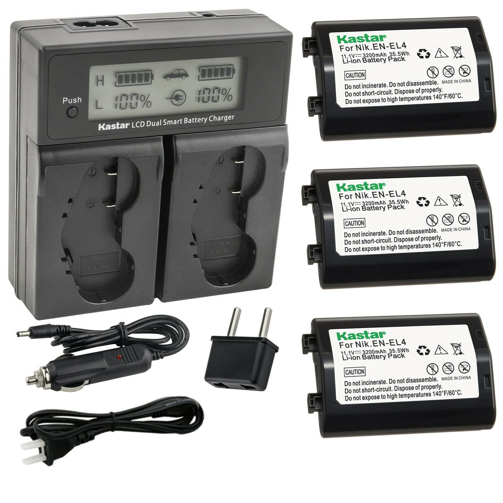 Kastar 3-Pack EN-EL4a Rechargeable Battery 11.1V 3200mAh with Dual LCD Fast Charger - Compatible with Nikon D2, D2H, D2Hs, D2X, D2Xs DSLR Cameras - Perfect for Professional Photography, Travel & Outdoor Shooting