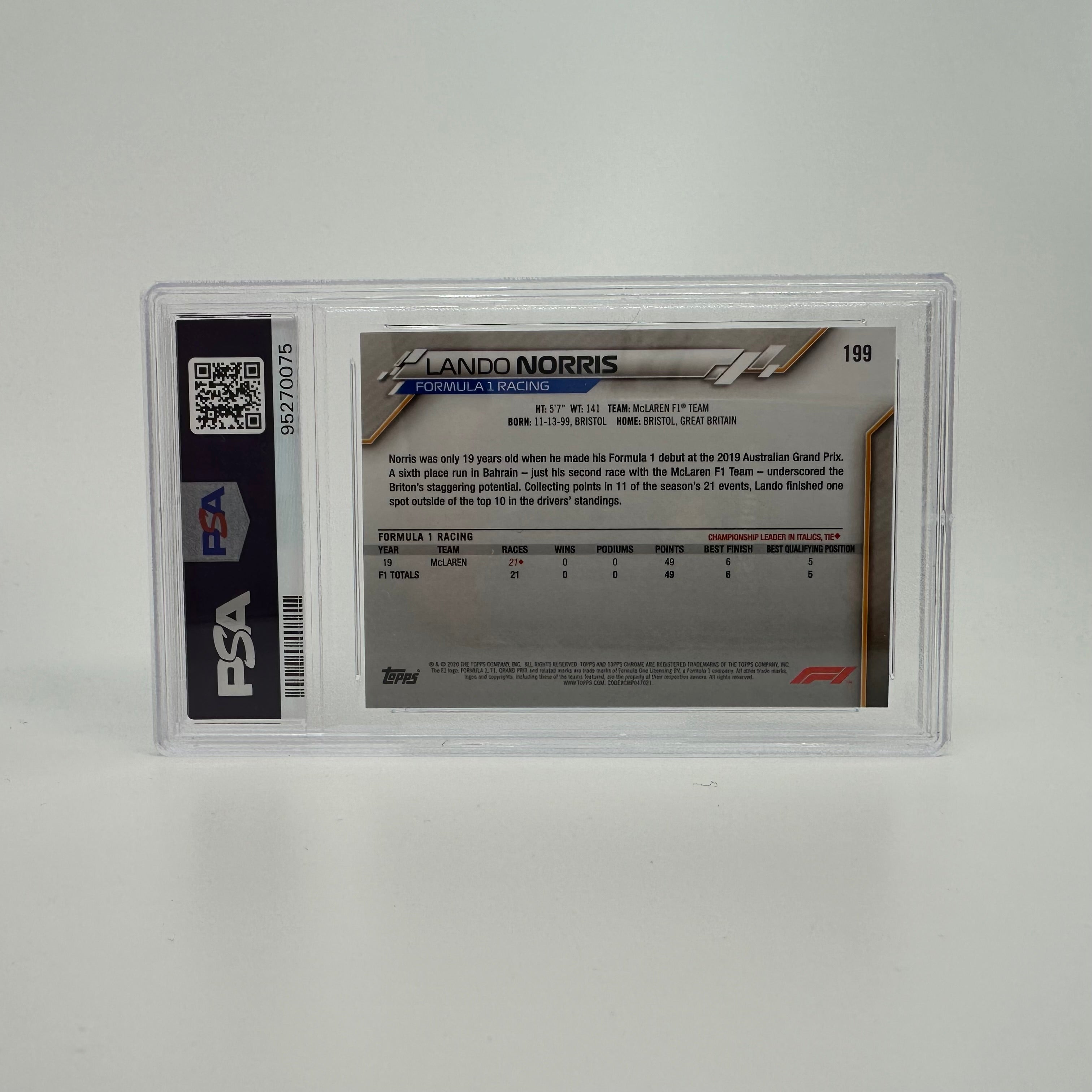 2020 Topps Chrome Sapphire Lando Norris #199 PSA 9 Rookie Card - F1 Racing Collectible for Display & Investment