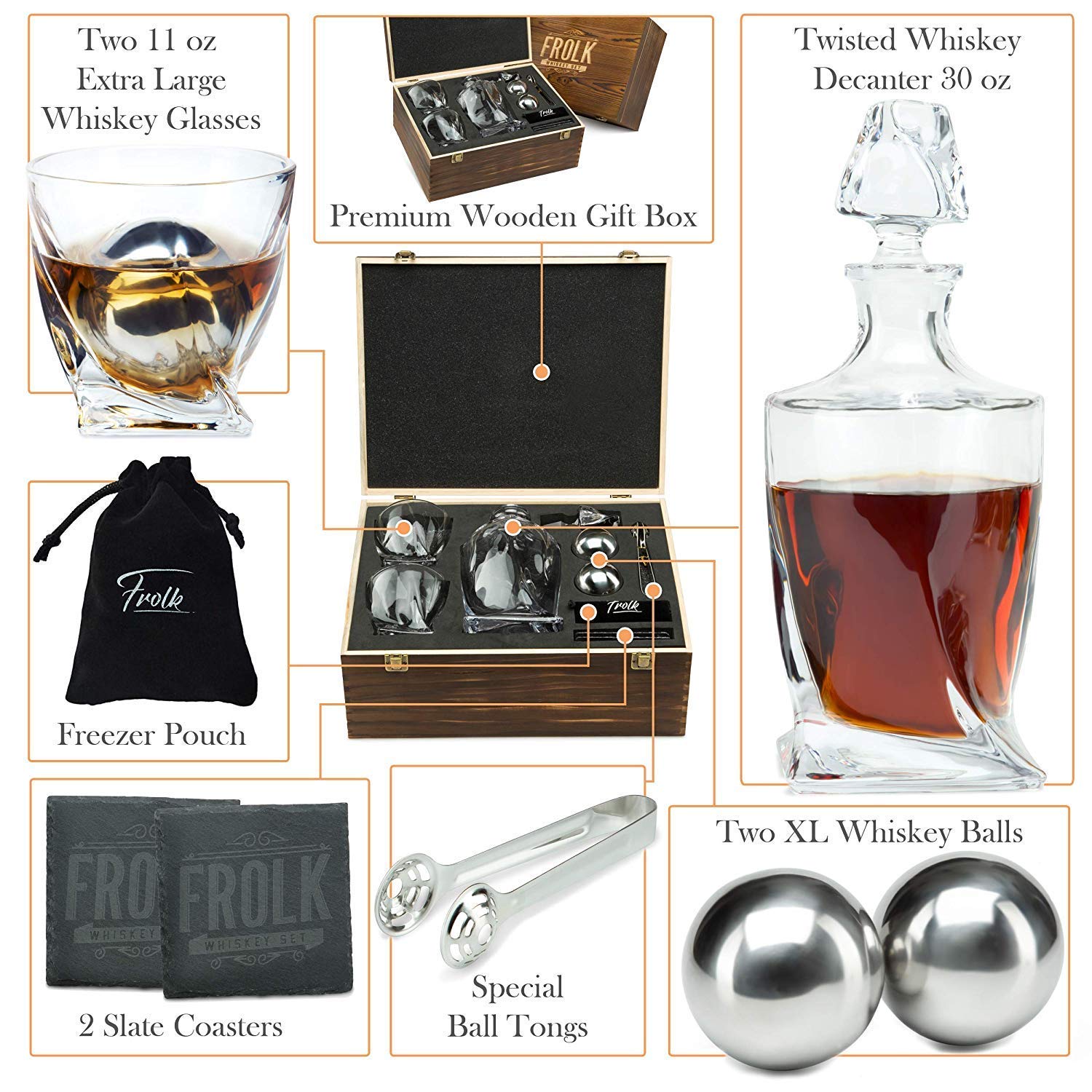 Premium Whiskey Decanter Set for Men - Elegant Twisted Bourbon Decanter with 2 Whiskey Glasses, 2 XL Stainless Steel Ice Balls, 2 Slate Coasters, Tongs & Freezer Pouch in Pinewood Gift Box - Perfect for Home Bars, Gifts & Whiskey Enthusiasts