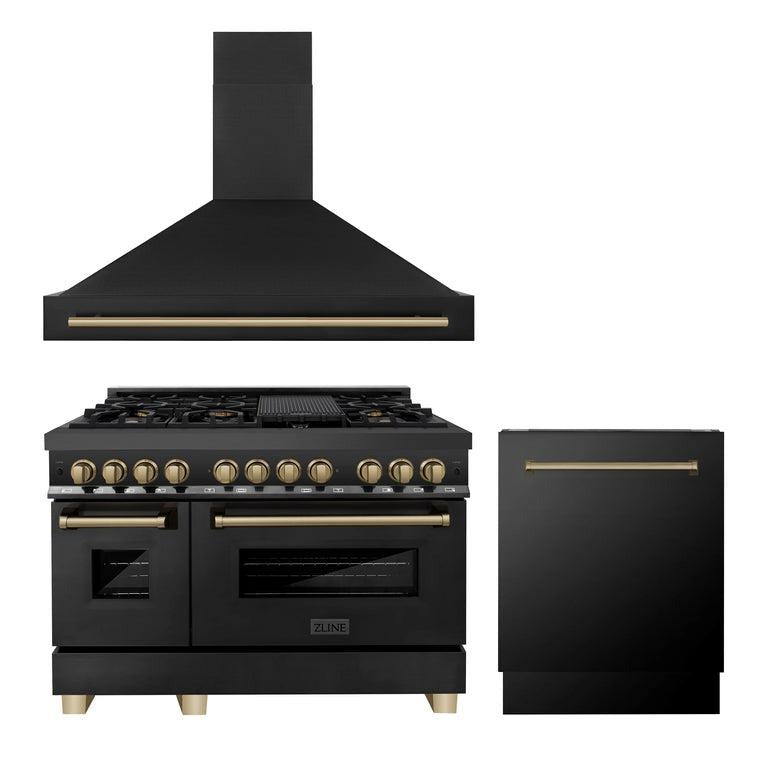 ZLINE Autograph Edition 48-inch Black Stainless Steel Dual Fuel Range with Range Hood & Dishwasher - Champagne Bronze Accents (3AKP RABRHDWV48 CB) | Professional Kitchen Package for Home Chefs & Modern Cooking Enthusiasts