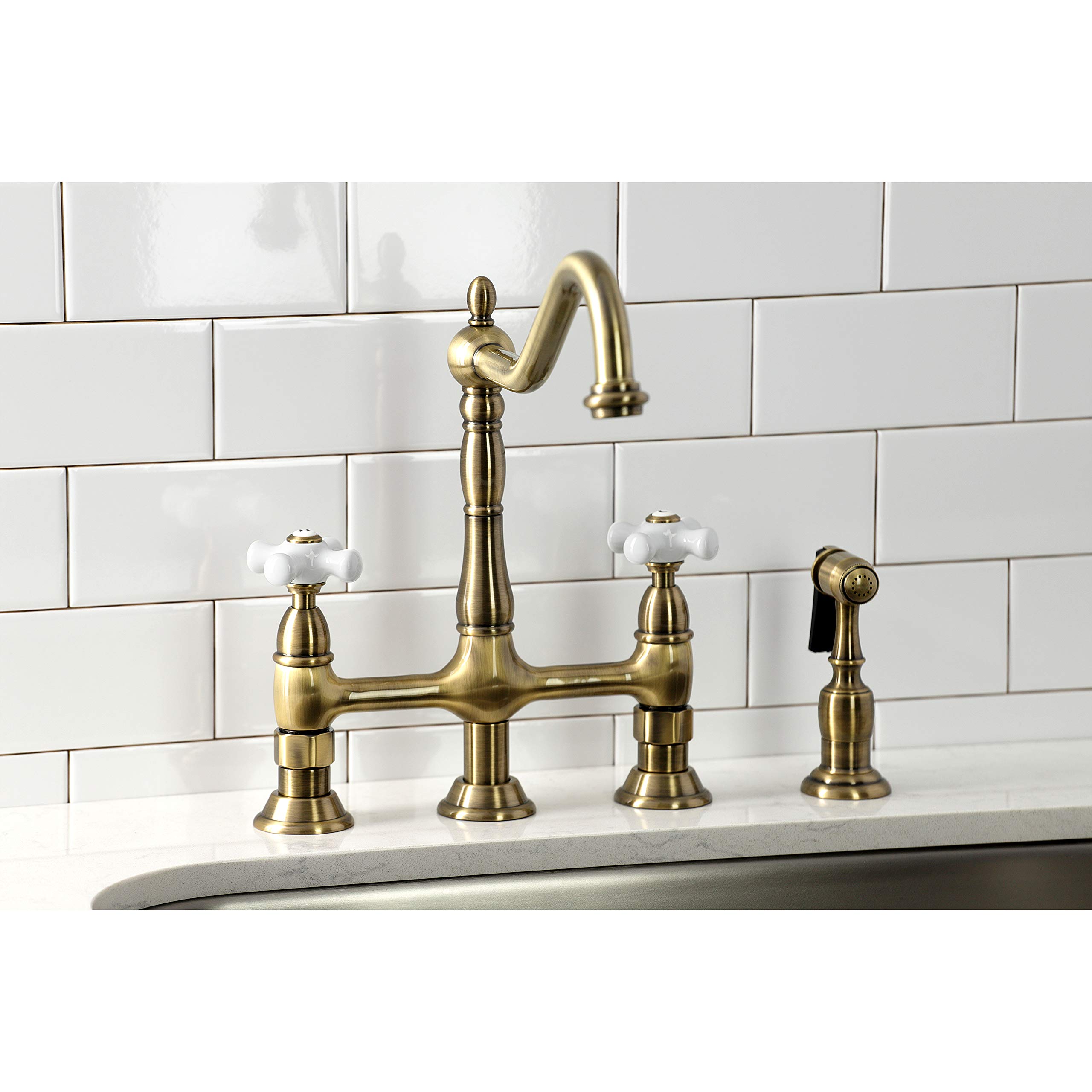 Kingston Brass KS1273PXBS Antique Brass Kitchen Bridge Faucet with Pull-Out Side Sprayer - Perfect for Farmhouse & Vintage Style Kitchens
