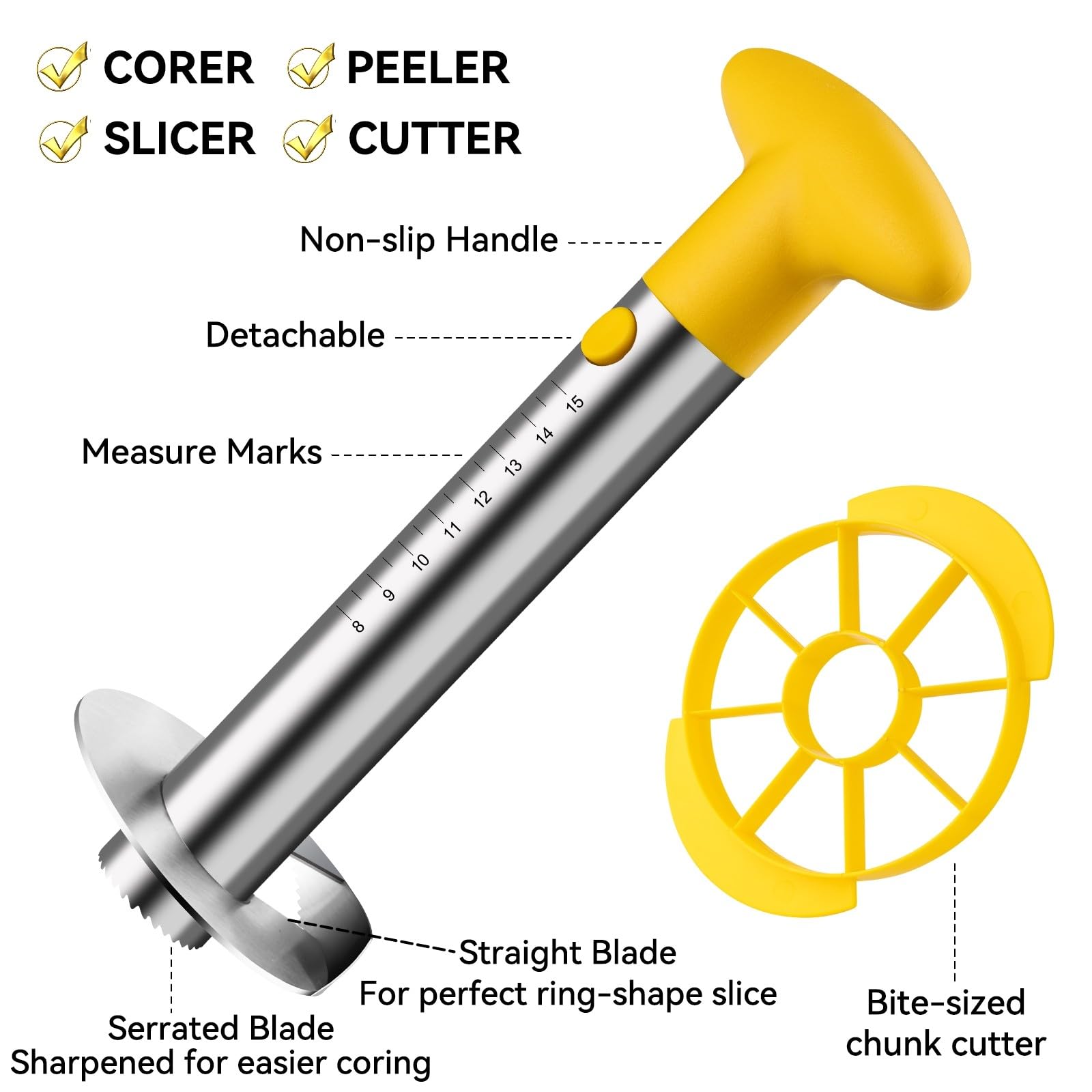 Stainless Steel Pineapple Corer & Slicer Tool - Easy Pineapple Peeler with Core Remover and Eye Removal | Pelador De Pina with Measurement Marks (Yellow) | Perfect for Fruit Salads, Smoothies, and Tropical Party Decorations