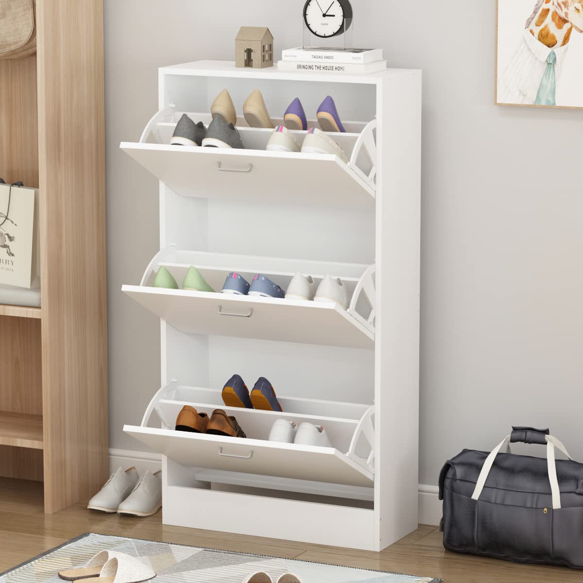 AIEGLE 3-Tier Flip Front Shoe Storage Cabinet - Freestanding Entryway Shoe Organizer with Adjustable Shelves, White Shoe Rack (23.6