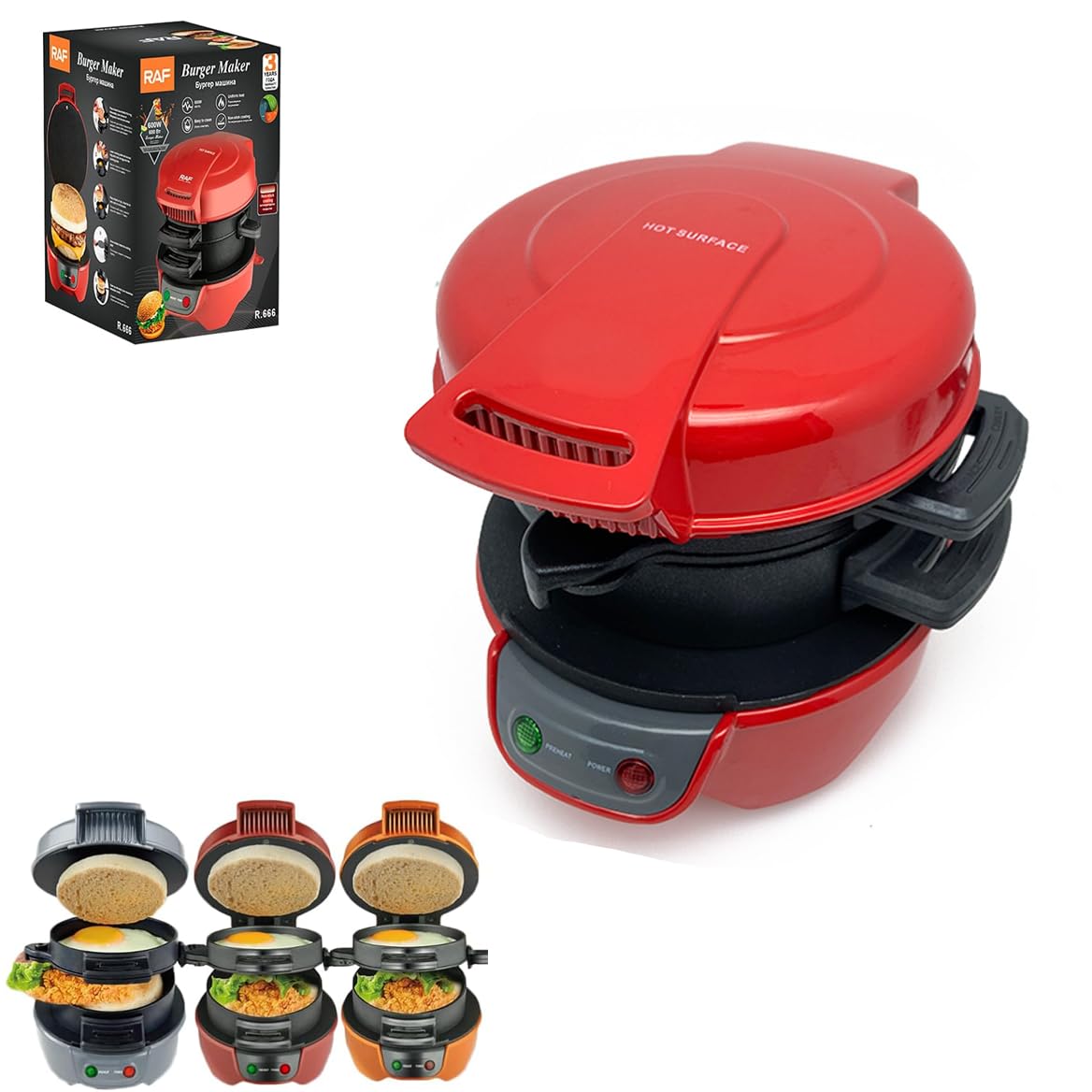 600W Electric Raf Burger Maker & Breakfast Sandwich Press with Egg Cooker Ring - Multi-Function Waffle Iron for Burgers, Sandwiches & More (Red) - Perfect for Quick Breakfasts, Family BBQs & Restaurant-Style Meals at Home