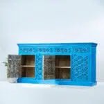 Hand Carved Carolina Blue Sideboard Buffet Table with Four Doors - Elegant Storage for Dining Room, Kitchen, or Living Room