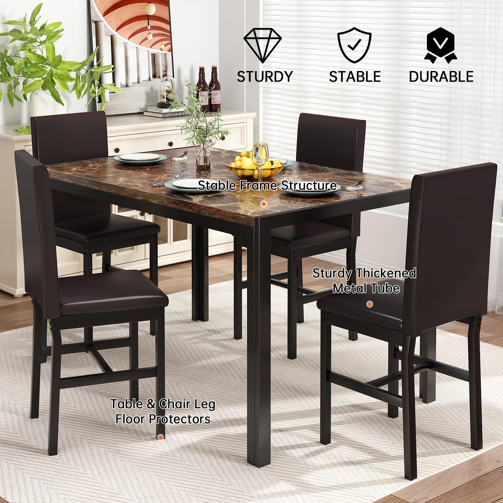 Modern 5-Piece Dining Table Set for 4 with Faux Marble Top & Leather Upholstered Chairs - Compact Brown Kitchen Table Set for Small Spaces | Perfect for Apartments, Breakfast Nooks & Cozy Family Dinners