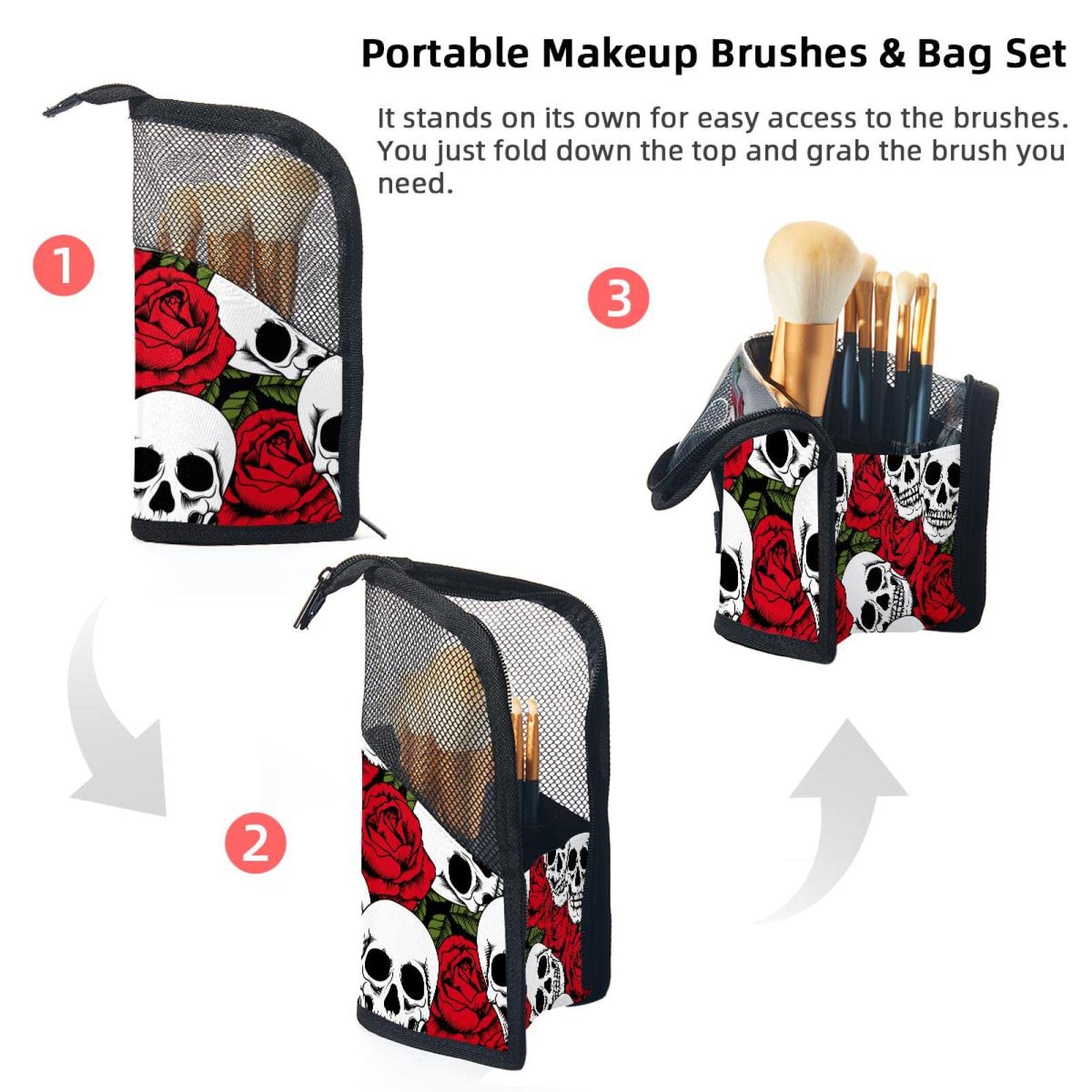 Premium 12-Piece Makeup Brush Organizer Bag with Skull Rose Design - Portable Cosmetic Brush Holder Case for Travel, Home & Professional Makeup Artists