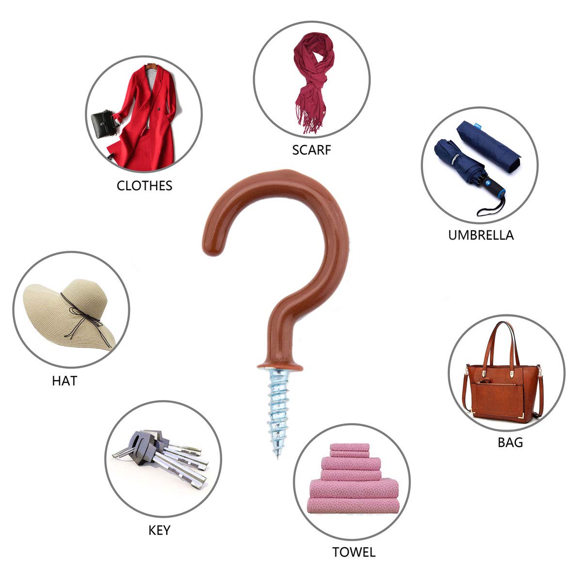 30pcs 2'' Heavy Duty Vinyl Coated Screw Hooks - Ceiling & Wall Hooks for Towels, Mugs, Cups, Home & Office Storage Organization - Durable Brown Metal Hooks for Kitchen, Bathroom, Garage & Closet