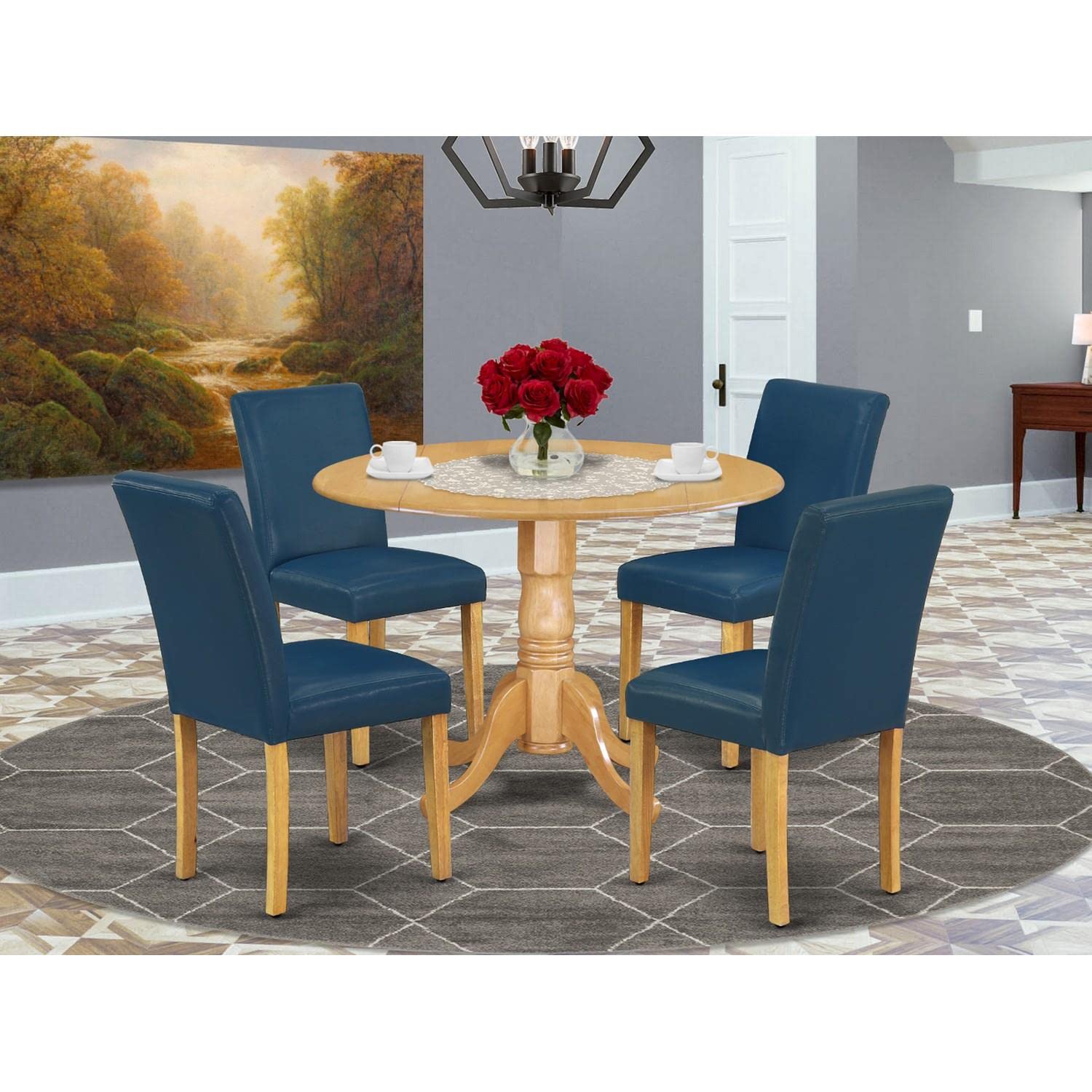 East West Furniture DLAB5-OAK-55 5-Piece Round Dining Table Set with Drop Leaf & 4 Oasis Blue Faux Leather Parsons Chairs - 42x42 Inch Oak Finish - Perfect for Small Spaces, Breakfast Nooks & Cozy Family Dinners