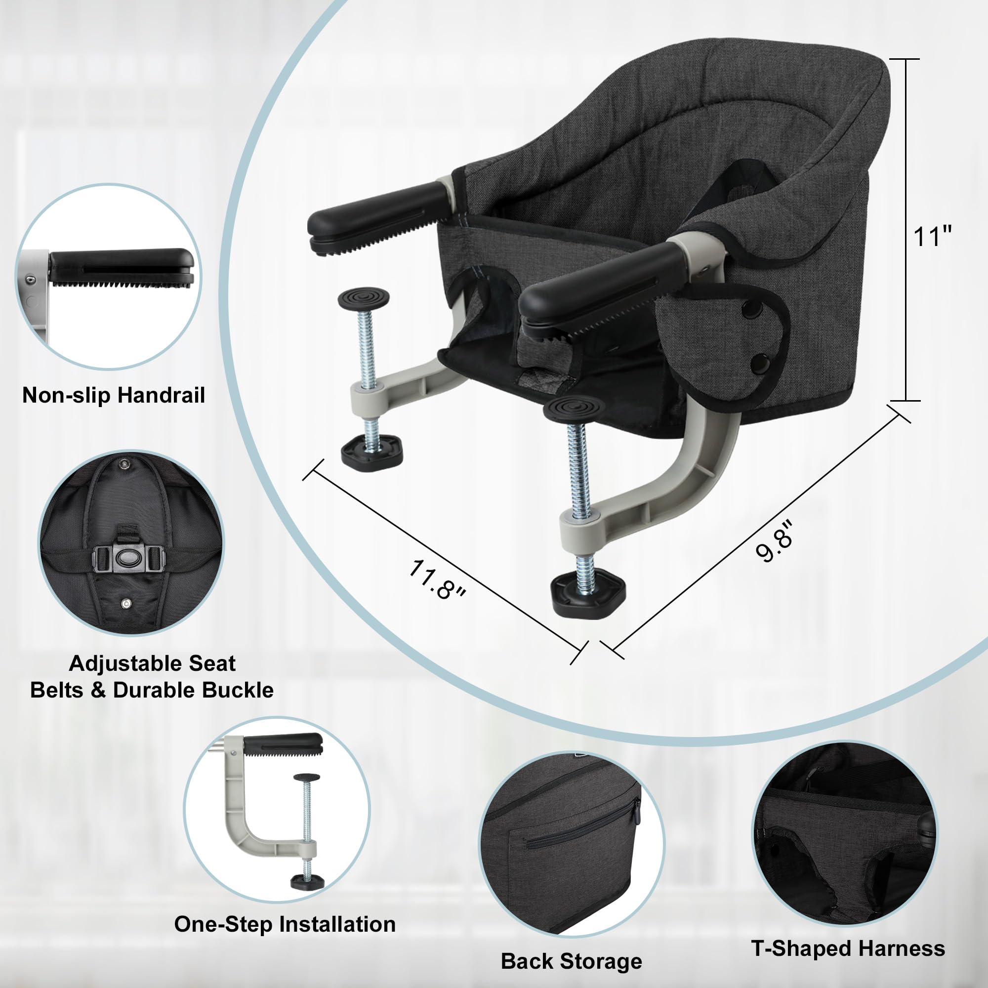 Jozzve Hook On High Chair - Portable & Foldable Baby Feeding Seat with Storage Bag for Travel & Home - Perfect for Dining Out, Camping & Small Spaces (Brown)