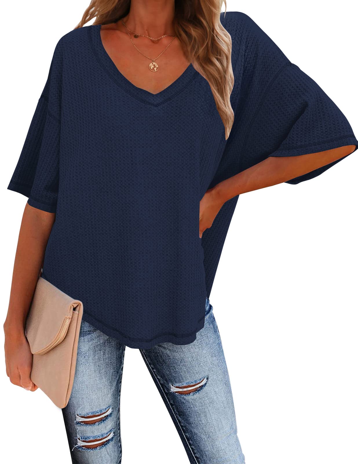 MEROKEETY Women's V-Neck Batwing Half Sleeve Waffle Knit Blouse - Loose Fit Solid Color Tops for Casual Wear, Office & Weekend Outings