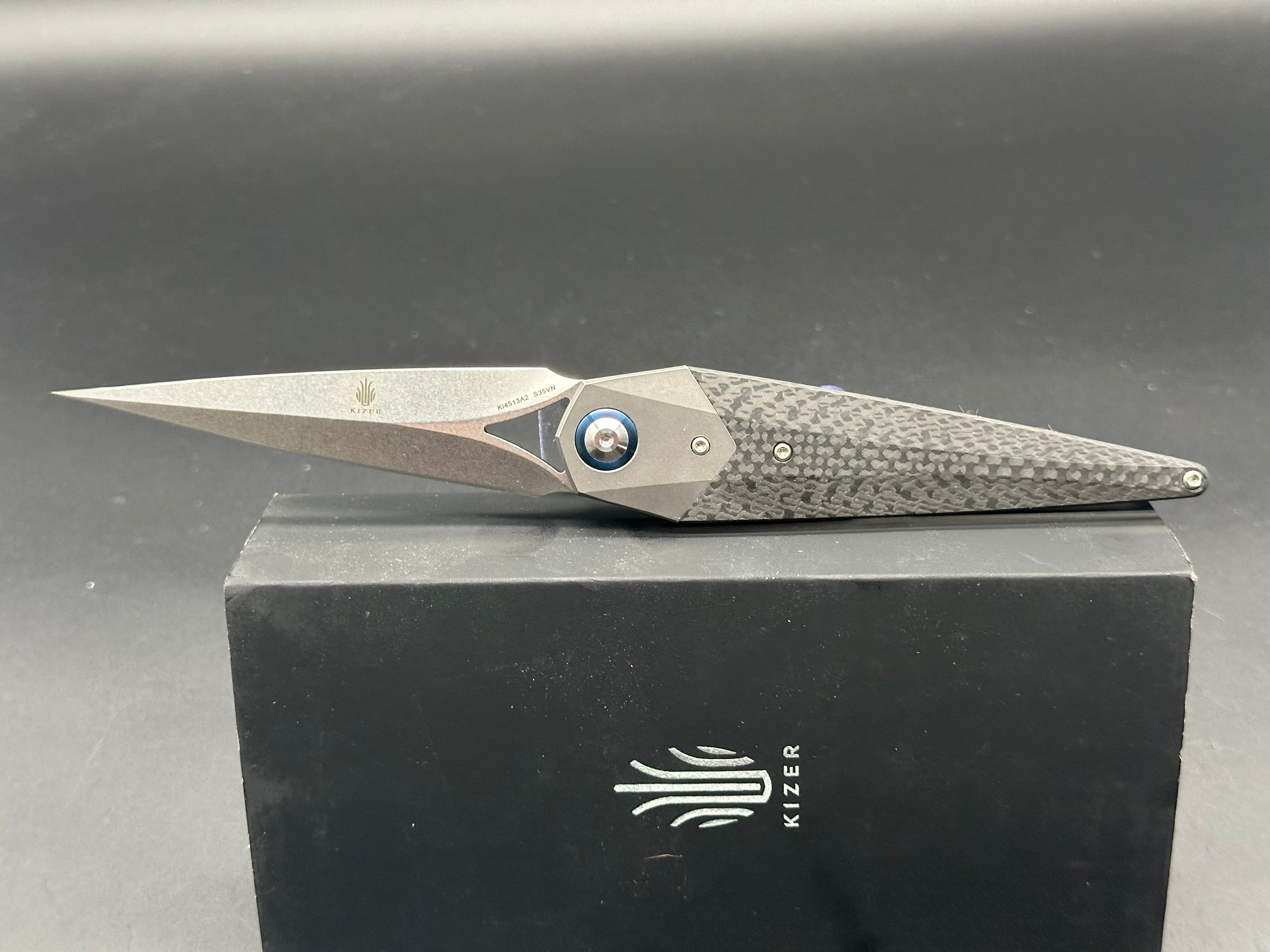 Kizer Soze Grey Titanium Frame & Bolster Folding Knife with Carbon Fiber Handle - S35VN Dagger Satin Blade - EDC, Outdoor, Camping, Survival, Tactical Gear