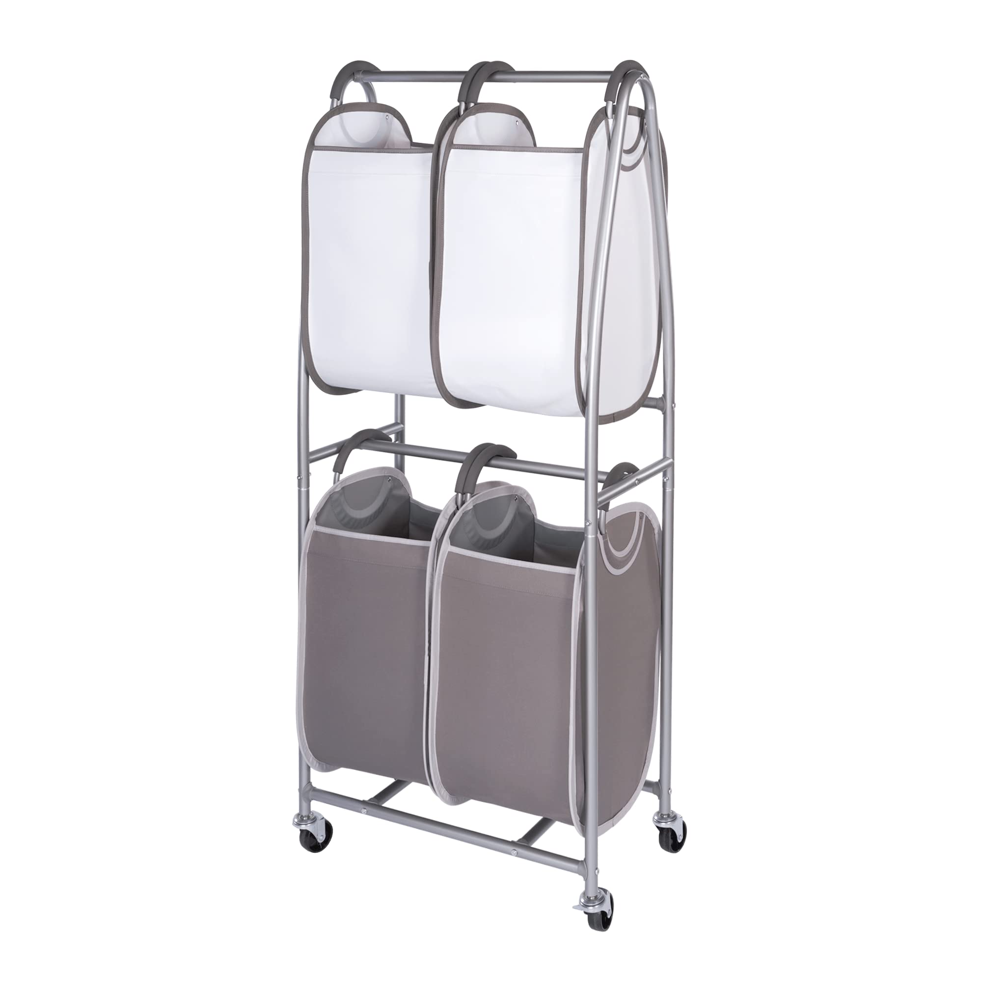 NEATFREAK 2-Tier Vertical Rolling Laundry Cart with 4 Tote Hampers - Mobile Storage Organizer for Laundry, Towels, Blankets & Bathroom - Space-Saving Quad Laundry Sorter on Wheels - Perfect for Small Spaces, Apartments & Laundry Rooms