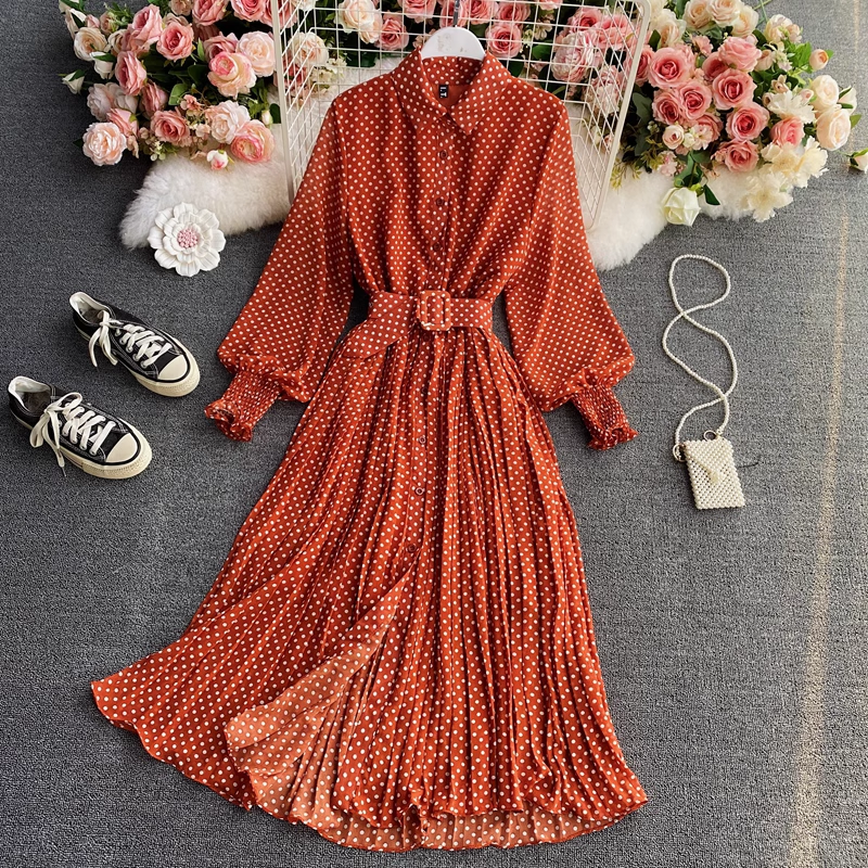 French Style POLO Collar Long Chiffon Pleated Skirt with Polka Dots - Elegant Office Wear & Summer Casual Dress for Women