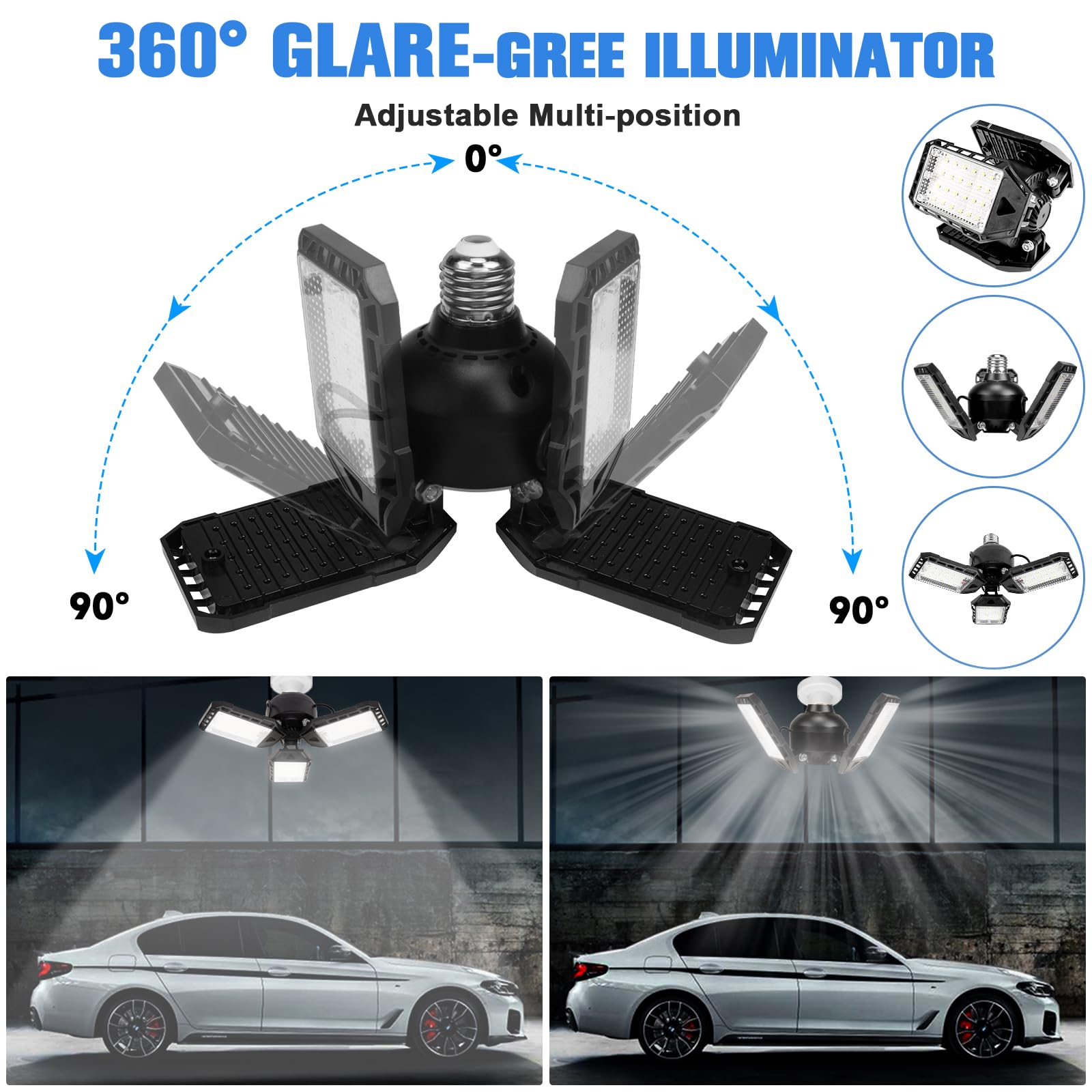 2 Pack 80W LED Garage Lights Bulb - 8000LM 6500K Bright White, 3 Adjustable Panels Shop Light for Ceiling - E26/E27 Base - Perfect for Garage, Warehouse, Basement & Barn Lighting (Ideal for Auto Repair, Workshop & Storage Areas)