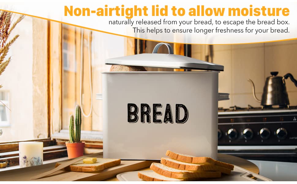 Granrosi Large Farmhouse Bread Box with Metal Lid - White Bread Storage Container for Kitchen Countertop - Perfect for Storing Bread, Baguettes, Rolls & Pastries to Keep Fresh Longer