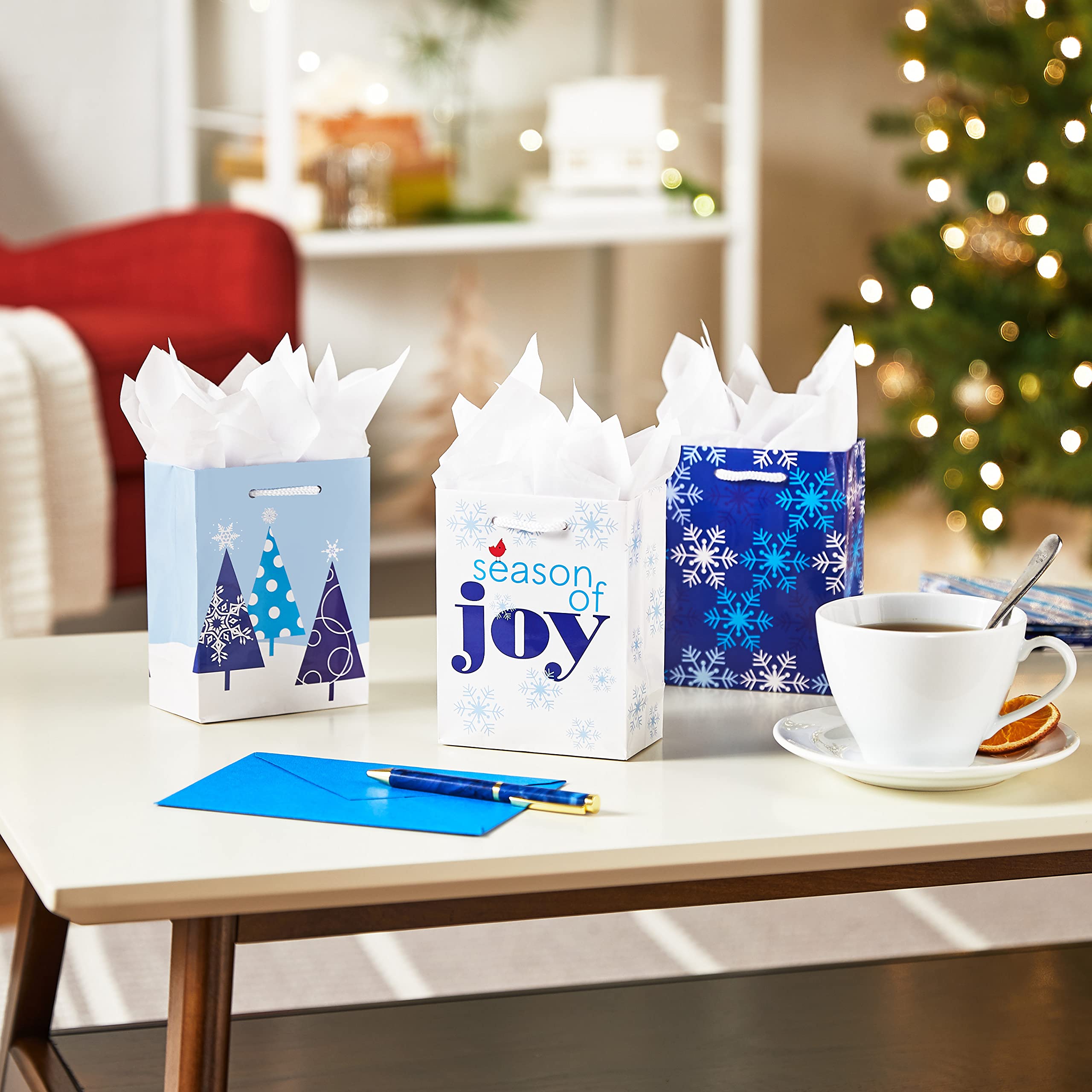 Hallmark 6 Inch Small Holiday Gift Bags - Pack of 5 Blue Winter Scenes, Stripes & Snow Designs - Perfect for Christmas Presents, Party Favors & Stocking Stuffers