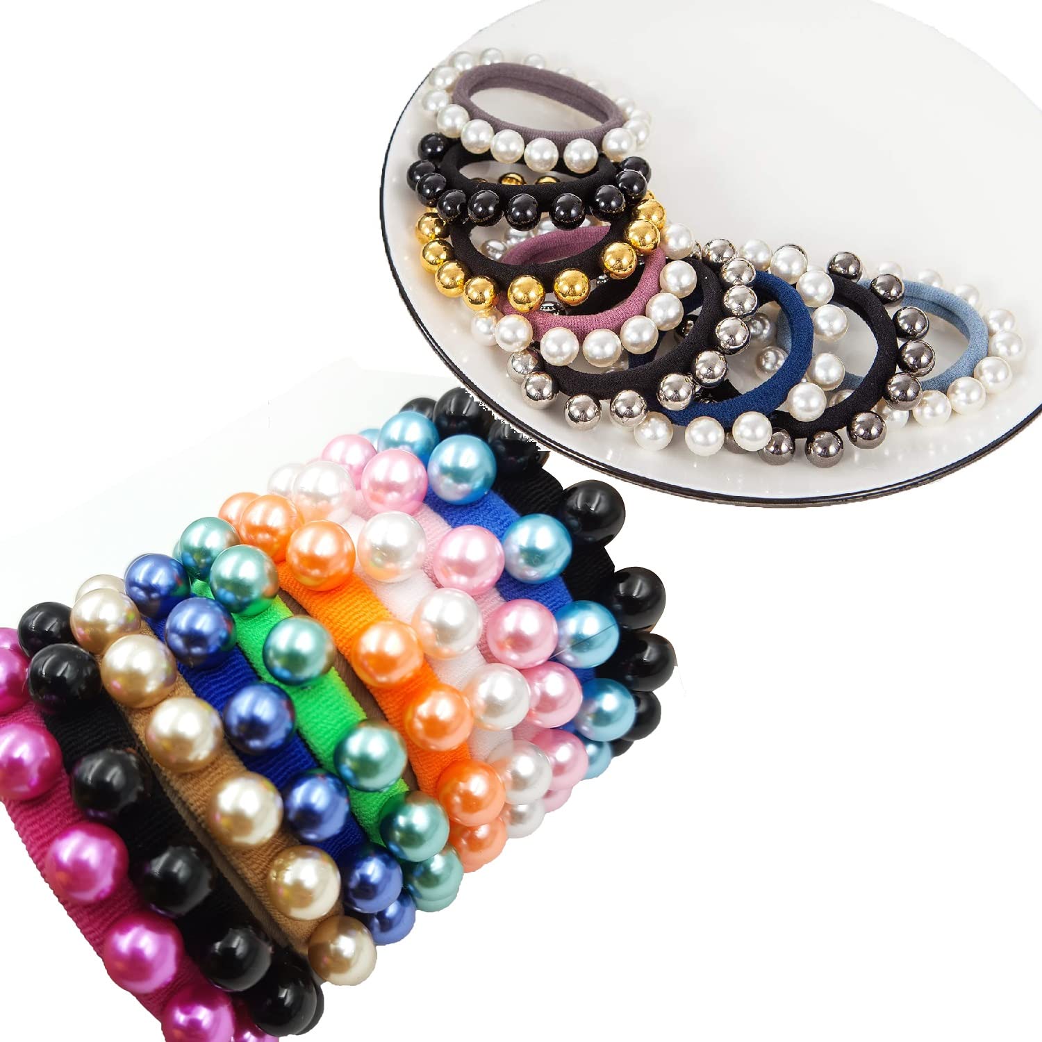 10 Pcs Pearl Hair Ties for Women - No Damage Stretch Elastic Ponytail Holders, Soft Nylon Hair Ropes for Girls (Colorful, Pack of 10) - Perfect for School, Work, Gym & Everyday Styling