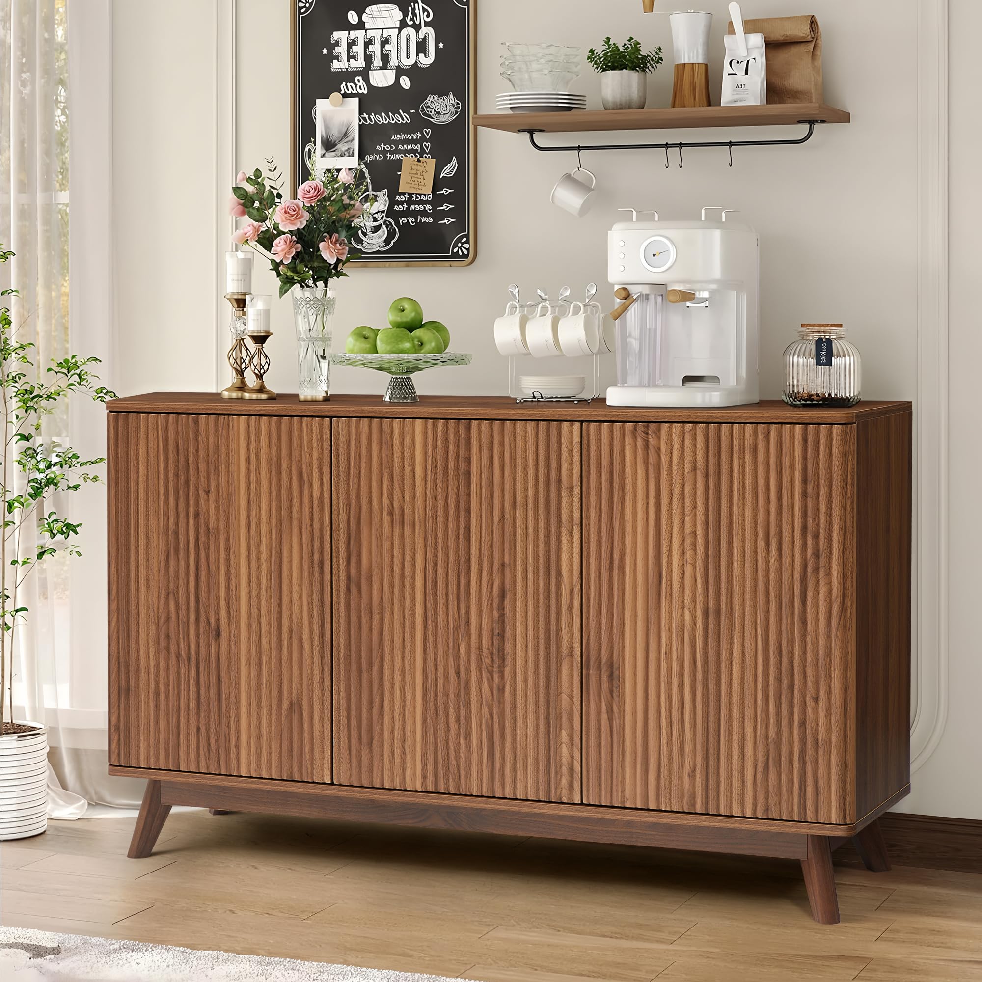 Mid Century Walnut Sideboard Cabinet - Farmhouse Fluted Credenza with 3 Doors, Long Buffet Storage for Kitchen, Dining Room, Living Room & Office | Perfect for TV Stand, Coffee Bar & Entryway Organization