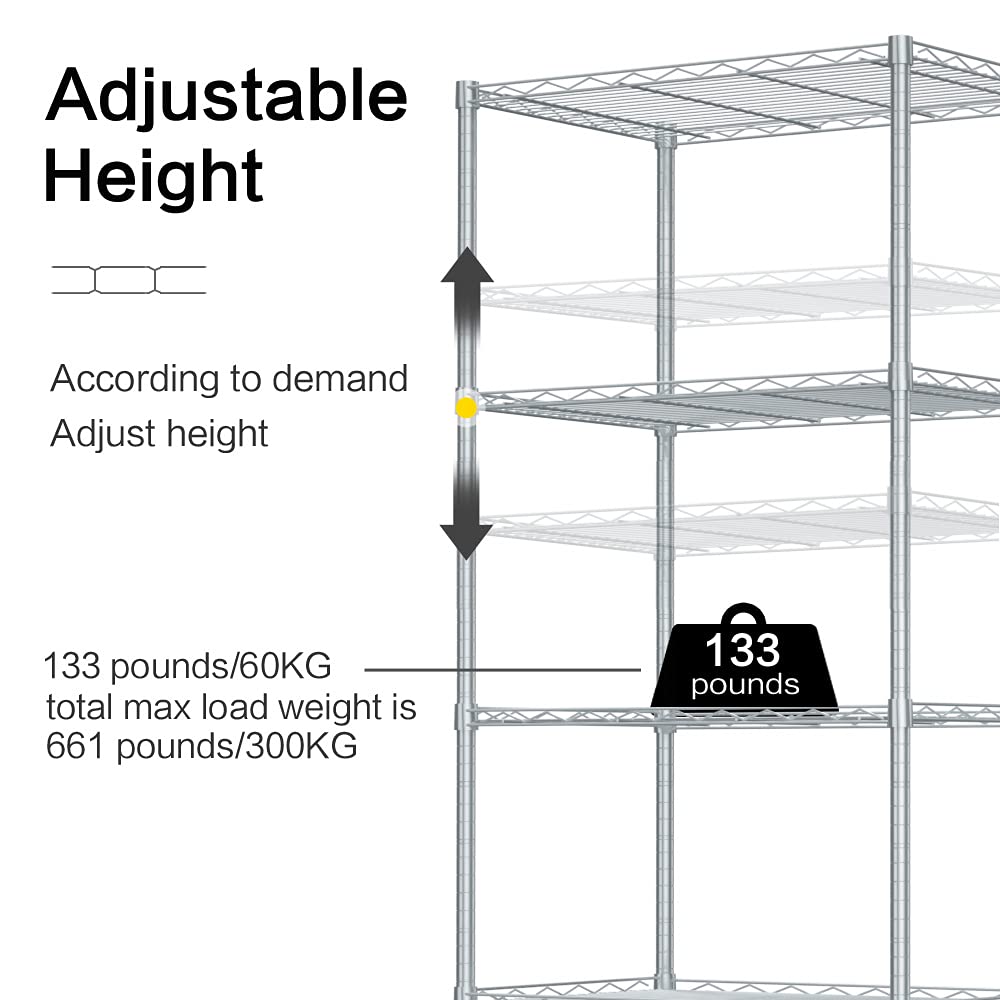 5-Tier Heavy Duty Adjustable Metal Storage Shelf - 660Lbs Capacity Wire Shelving Unit (11.8