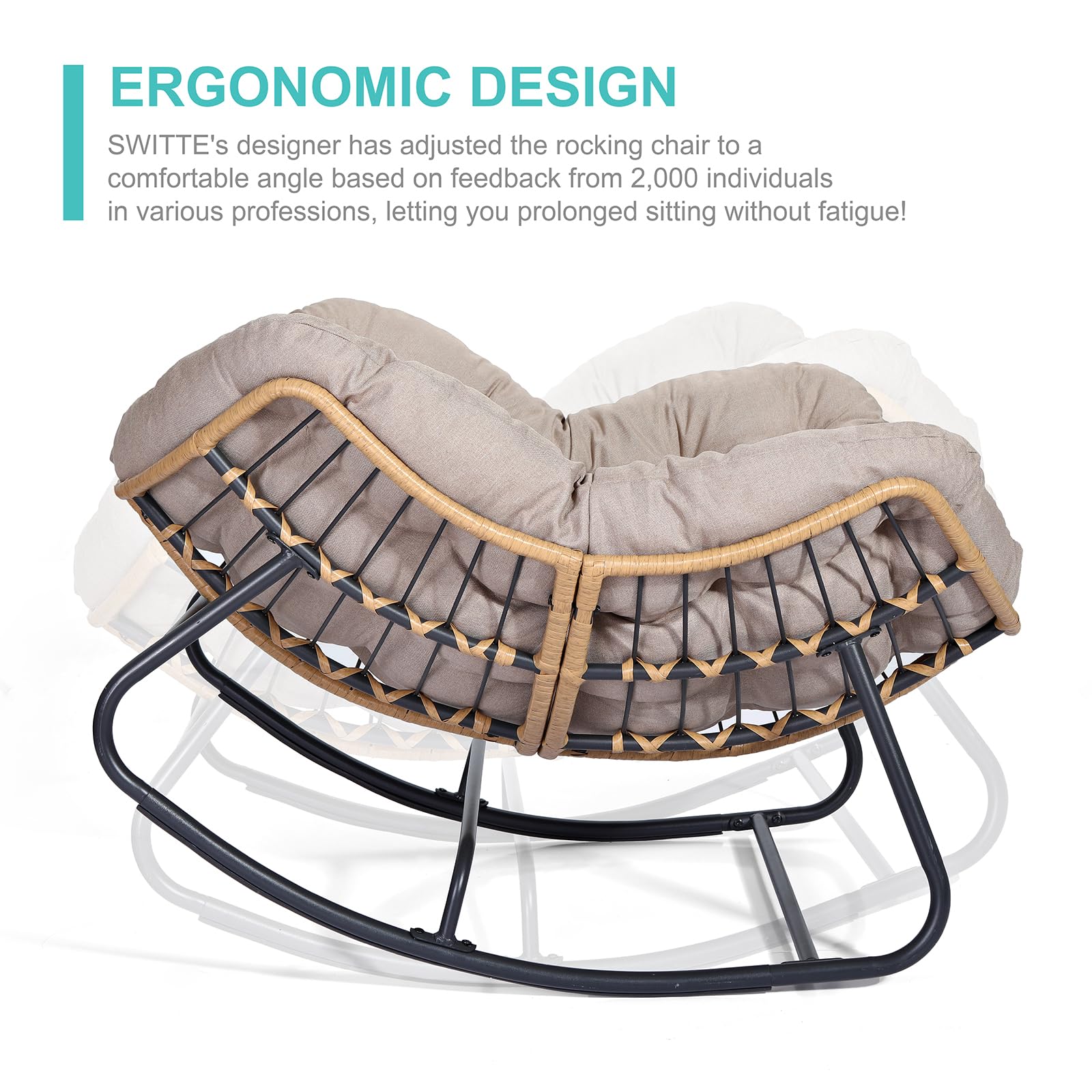 SWITTE Outdoor Rocking Chair - Egg-Shaped Patio Chair with Rattan Wicker Design, Modern Papasan Lounge Chair for Indoor & Outdoor Use - Perfect for Bedroom, Living Room, Porch, Garden and Lawn Relaxation (Beige)