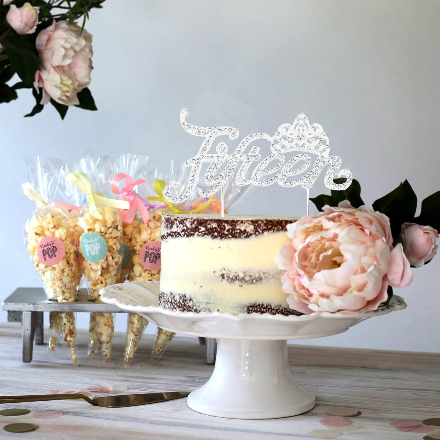 LINGTEER 15th Birthday Cake Topper with Crown - Silver Bling Crystal Rhinestone Decor | Happy Fifteenth Birthday Party Supplies | Perfect for Sweet 16, Quinceañera & Milestone Celebrations