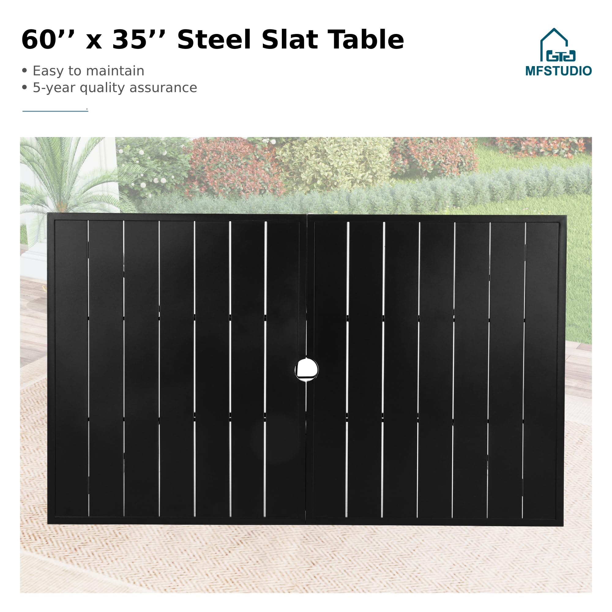 MFSTUDIO 6-Person Outdoor Patio Dining Table - Weatherproof Rectangle Metal Table with Adjustable Umbrella Hole - Perfect for Backyard, Garden, Poolside & BBQ Gatherings - Black