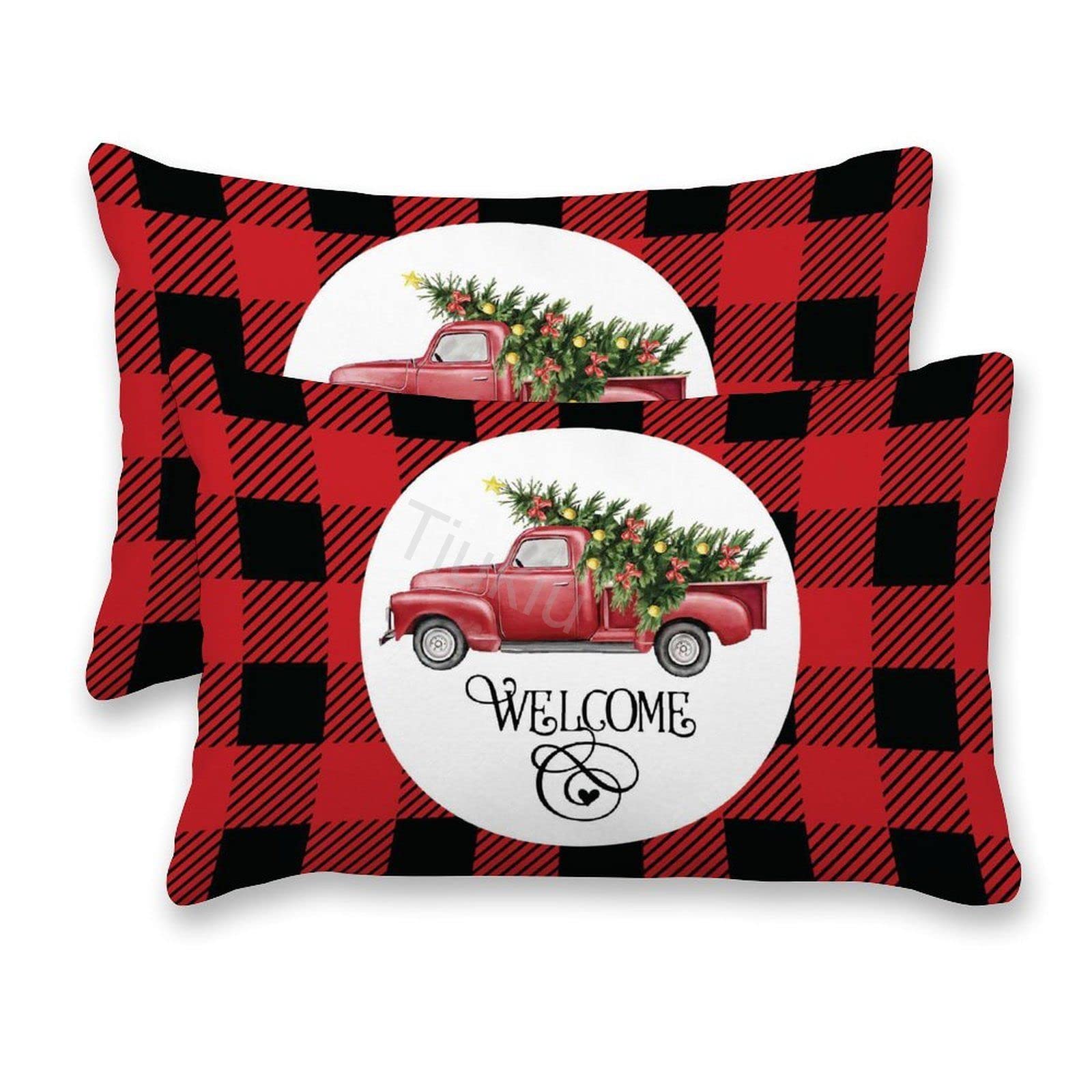 2 Pack Decorative Lumbar Pillow Covers - 16x24 Inch Red Truck Plaid Canvas Christmas Throw Pillow Cases for Couch, Sofa & Bed - Perfect for Living Room, Holiday Decor & Seasonal Home Accents