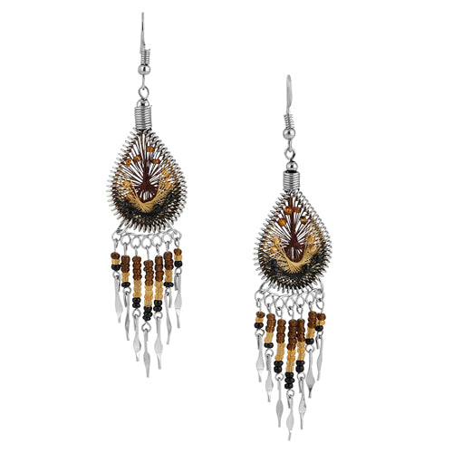 Stainless Steel Peruvian Brown Silk Thread Beaded Dangle Earrings | Handmade Boho Jewelry for Women | Perfect for Parties, Weddings & Everyday Wear