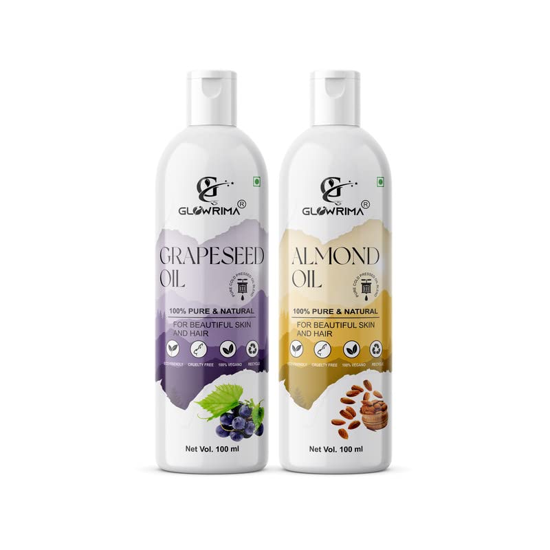 Glowrima 100% Pure Grapeseed Oil & Sweet Almond Oil Combo (100ML Each) - Promotes Hair Growth, Reduces Hair Fall, Repairs Split Ends for Soft & Shiny Hair - Natural Hair Care Treatment for Daily Use & Scalp Massage (Pack of 2)