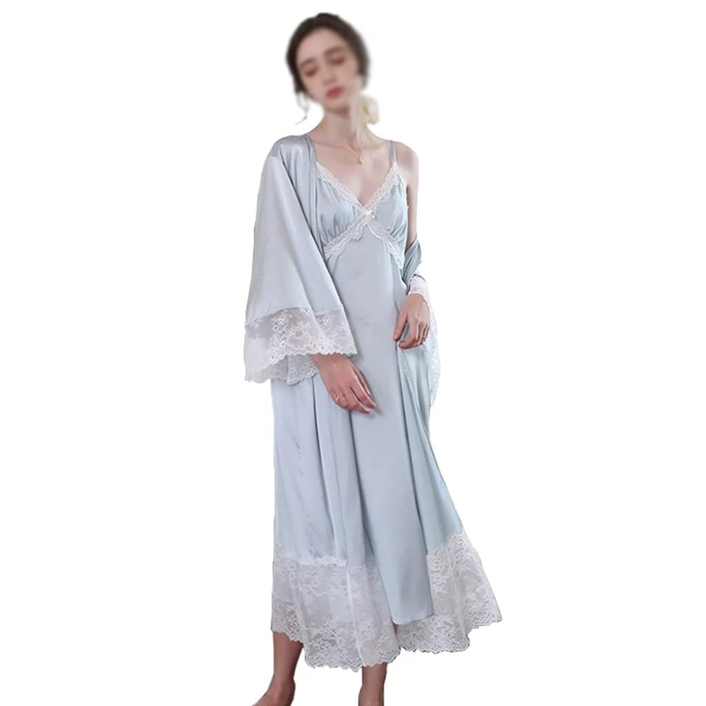 Satin Lace Nightgown & Robe Set for Women - Sexy Sleepwear with Suspenders, Long Bathrobe Home Suit (Color A, Size S) - Perfect for Valentine's Gift, Bridal Shower, Honeymoon & Romantic Nights