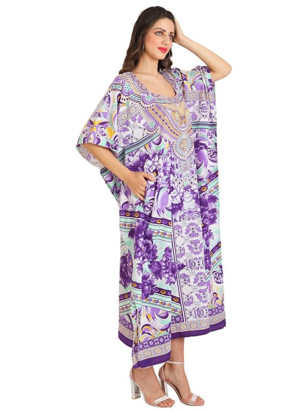 Miss Lavish London Women's Floral Kaftan Tunic Kimono Maxi Dress - Summer Beach Cover Up, Plus Size Boho Dress for Vacation, Pool Party & Resort Wear