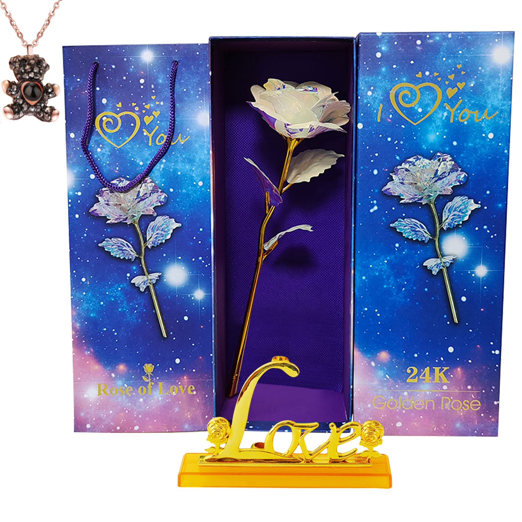 Artificial Crystal Rose Gift for Mom - Luminous Preserved Rose with 100 Languages Necklace - Romantic Birthday, Wedding, Anniversary Present for Women - Perfect for Valentine's Day, Mother's Day & Special Occasions