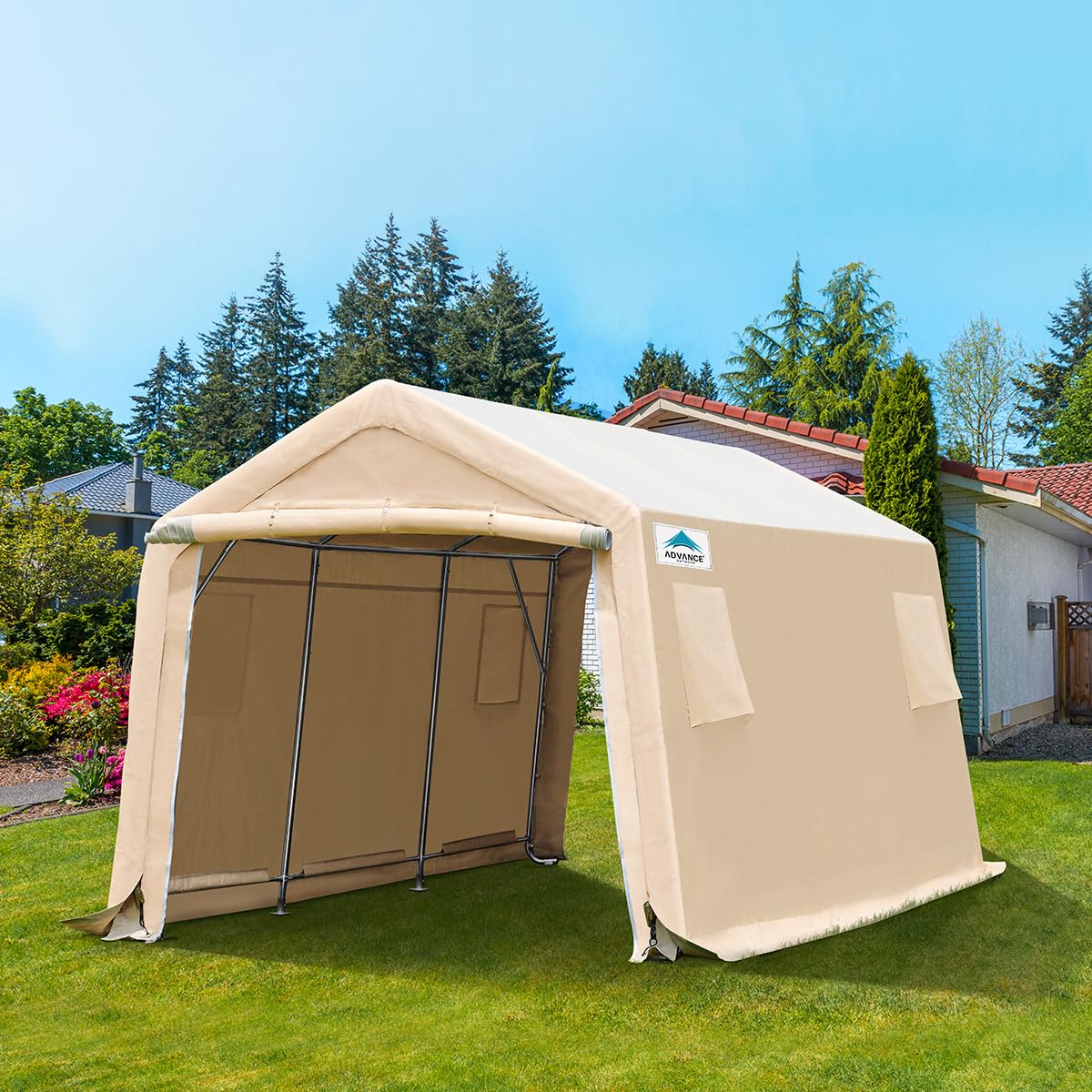ADVANCE OUTDOOR 10X15 ft Heavy-Duty Steel Garage Shelter with Peak Roof - Portable Storage Shed for Motorcycle, Boat & Garden Tools - Includes 2 Roll-Up Doors & Ventilation (Beige) | Perfect for Vehicle Protection, Outdoor Storage & Backyard Organization