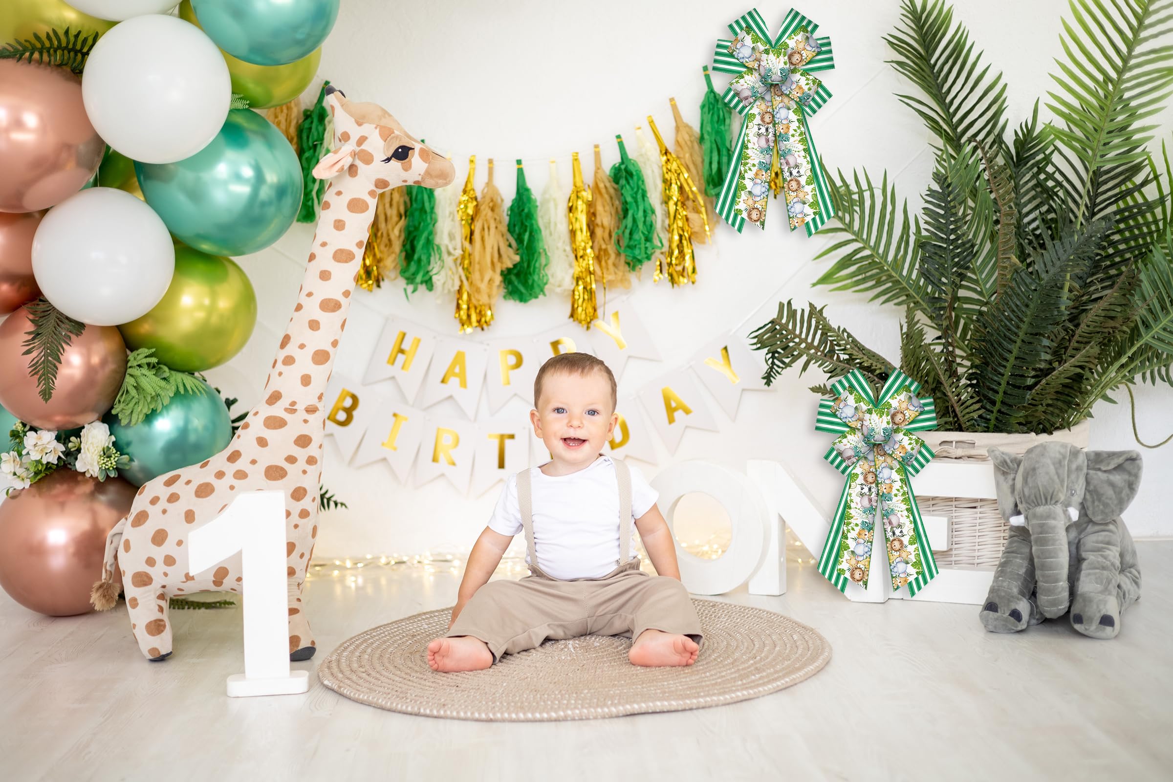 Large Woodland Animal Wreath Bows - Green Stripe Burlap Ribbon Bows for Jungle Themed Baby Shower Decorations | Indoor Outdoor Wreath Ornament Supplies for Party, Nursery, and Seasonal Home Decor