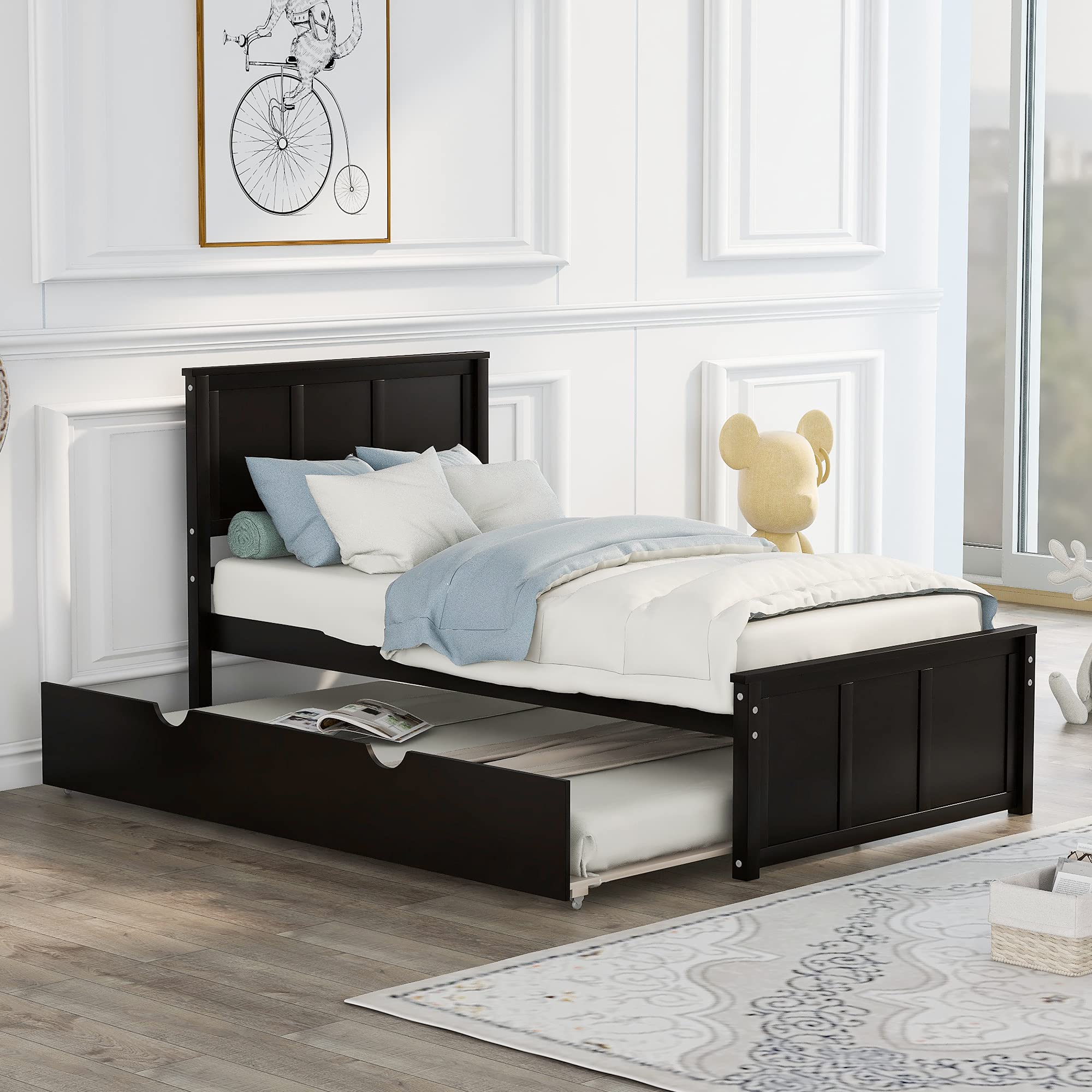 Harper & Bright Designs Twin Bed Frame with Trundle - Solid Wood Platform Bed with Headboard for Kids, Boys & Girls - Supports 400 lbs - Perfect for Small Bedrooms, Guest Rooms & Kids' Rooms