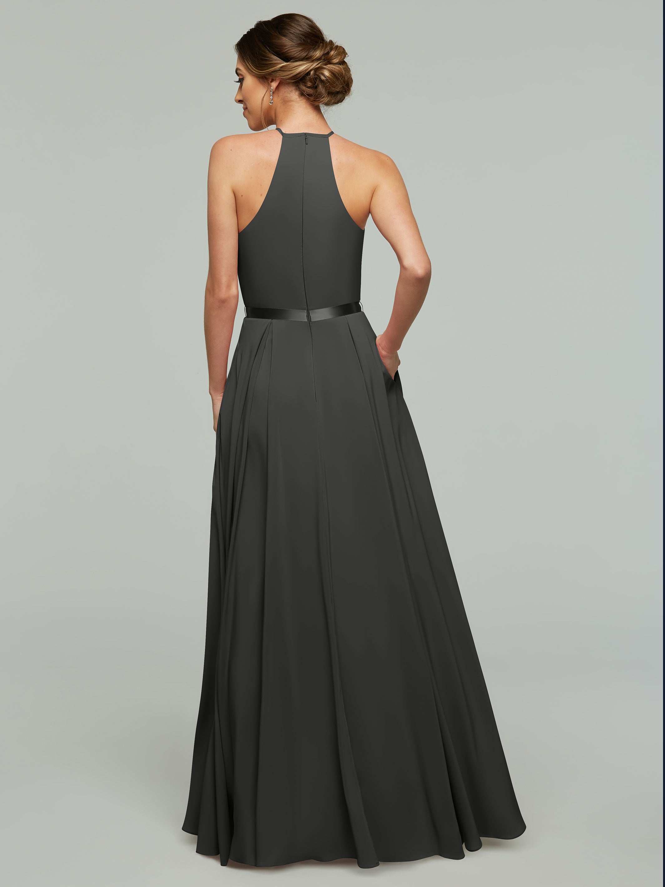 Elegant A-Line Stretch Chiffon Bridesmaid Dress with Halter Neckline & Waist Belt - Perfect for Weddings, Formal Events & Special Occasions