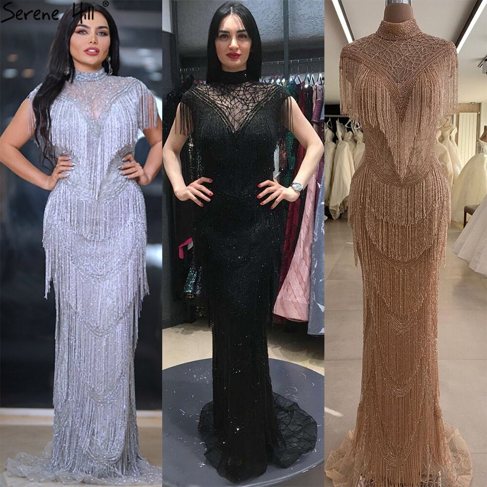 Elegant Grey Mermaid Evening Gown with Cap Sleeves & Beaded Tassel Details - Women's Luxury Party Dress for Prom, Gala & Special Occasions - Serene Hill Collection LA70529
