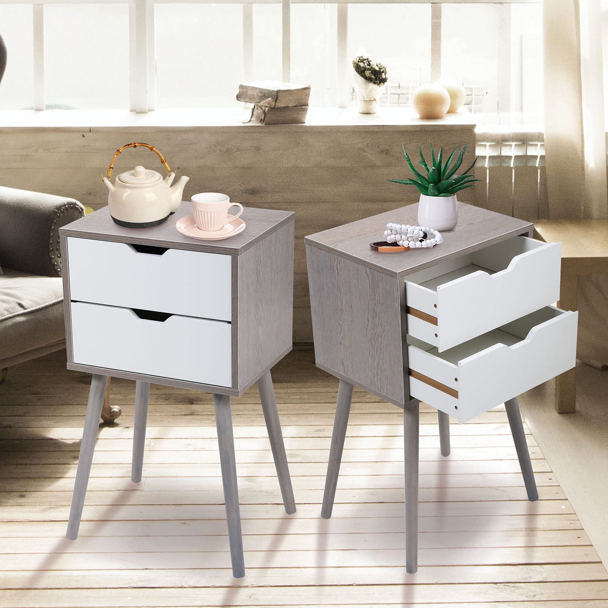 JAXPETY Nightstands Set of 2 - Modern Bedside Tables with 2 Drawers & Solid Wood Legs, Large Storage End Tables for Bedroom, Living Room, Office - Light Grey - Perfect for Small Spaces & Apartment Decor