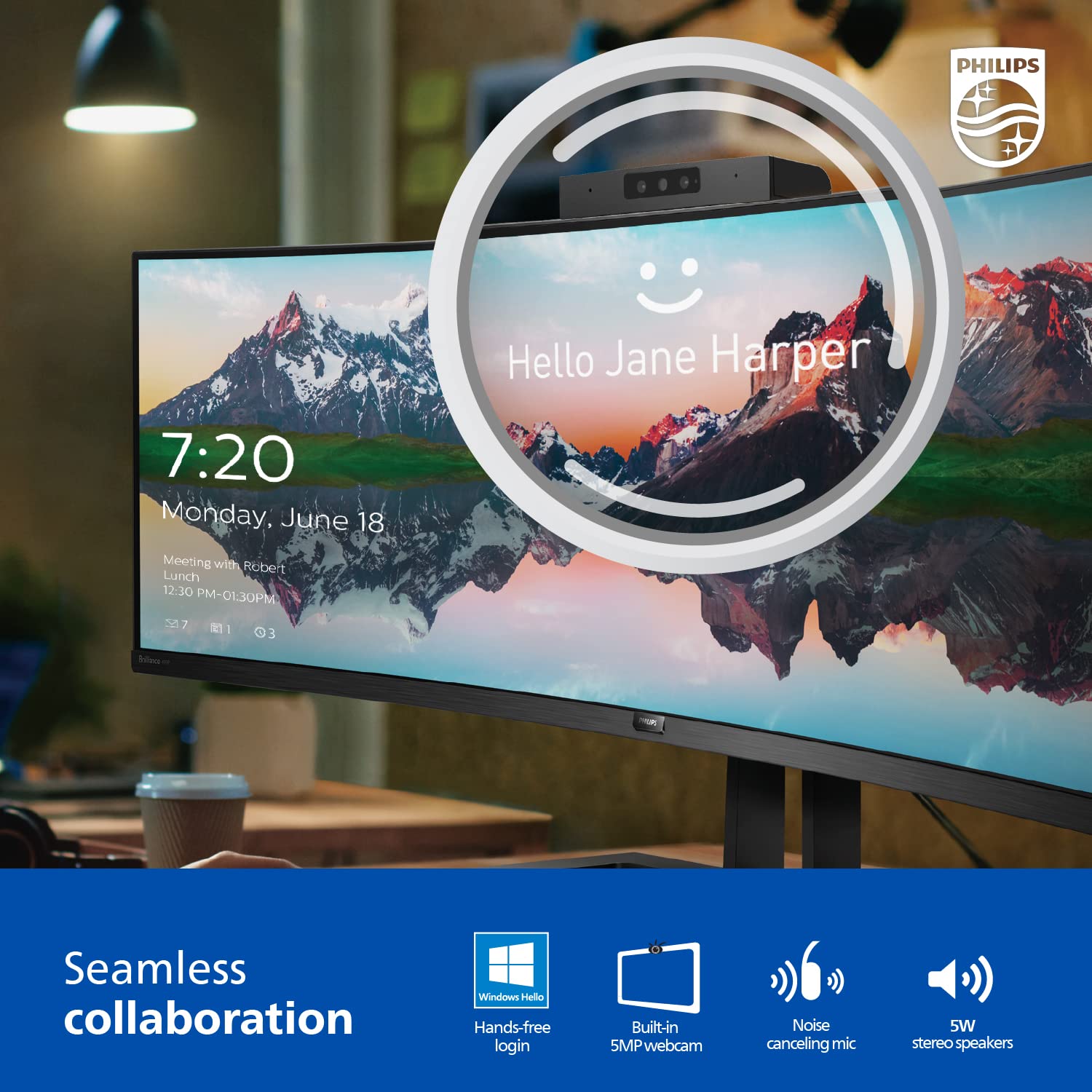 Philips 34E1C5600HE 34-Inch UltraWide QHD Monitor (3440x1440) with Built-in Webcam, USB-C Docking, 100Hz Refresh Rate - Perfect for Home Office, Gaming & Video Conferencing