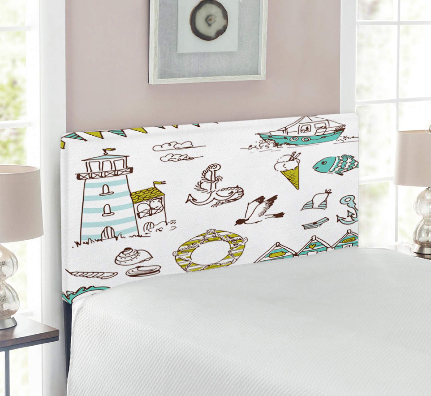 Ambesonne Nautical Twin Size Headboard - Marine Themed Upholstered Bed Headboard with Memory Foam, Fish Lighthouse Anchor & Seagull Print in Pale Green Yellow | Perfect for Coastal Bedroom Decor & Beach House Style