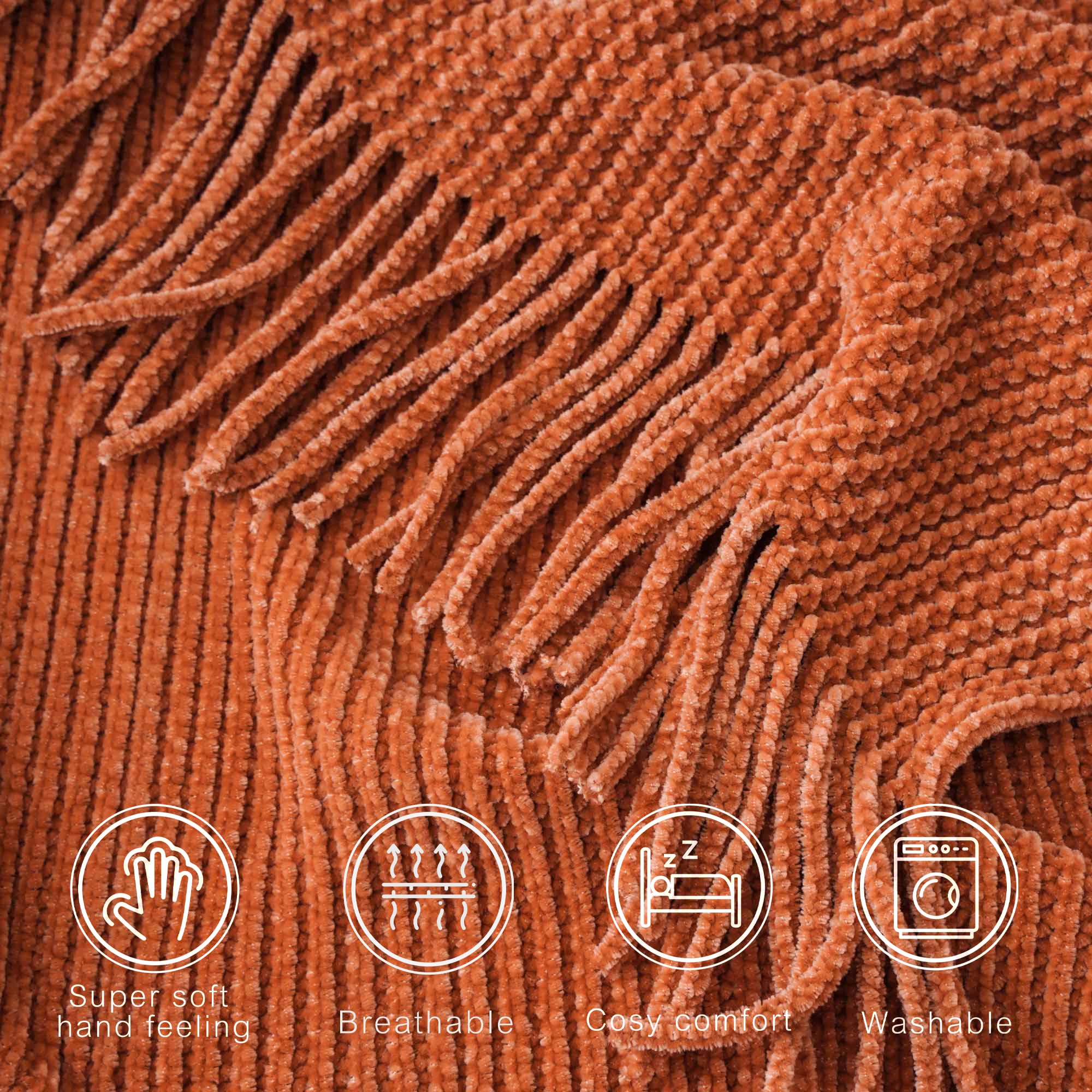 BATTILO HOME Rust Orange Chenille Knit Throw Blanket with Tassels - 50