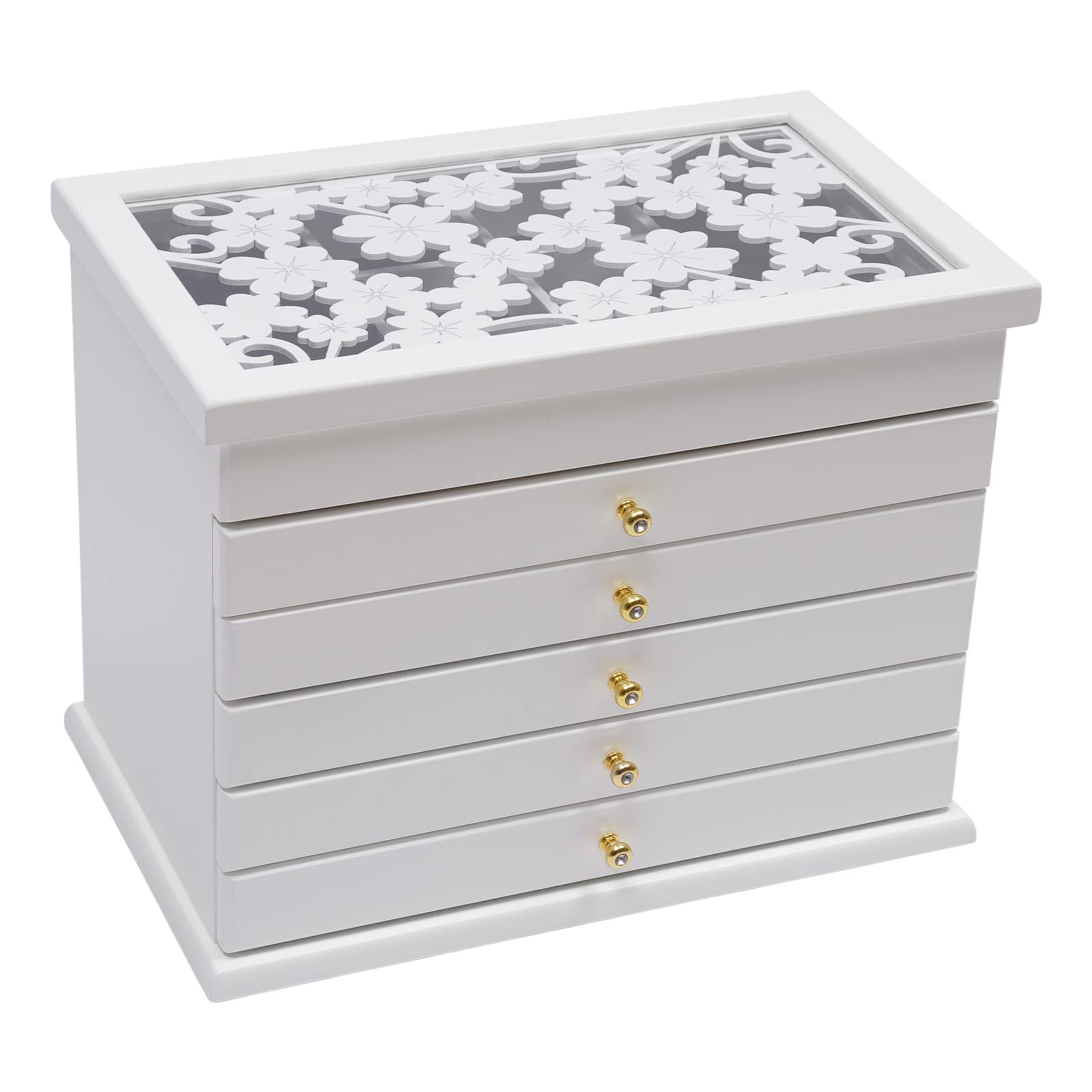 TFCFL 6-Layer Wooden Jewelry Box Organizer for Women - 5 Drawers Storage Case for Rings, Watches, Necklaces & Accessories (White) | Perfect for Bedroom Vanity, Travel & Gift Giving