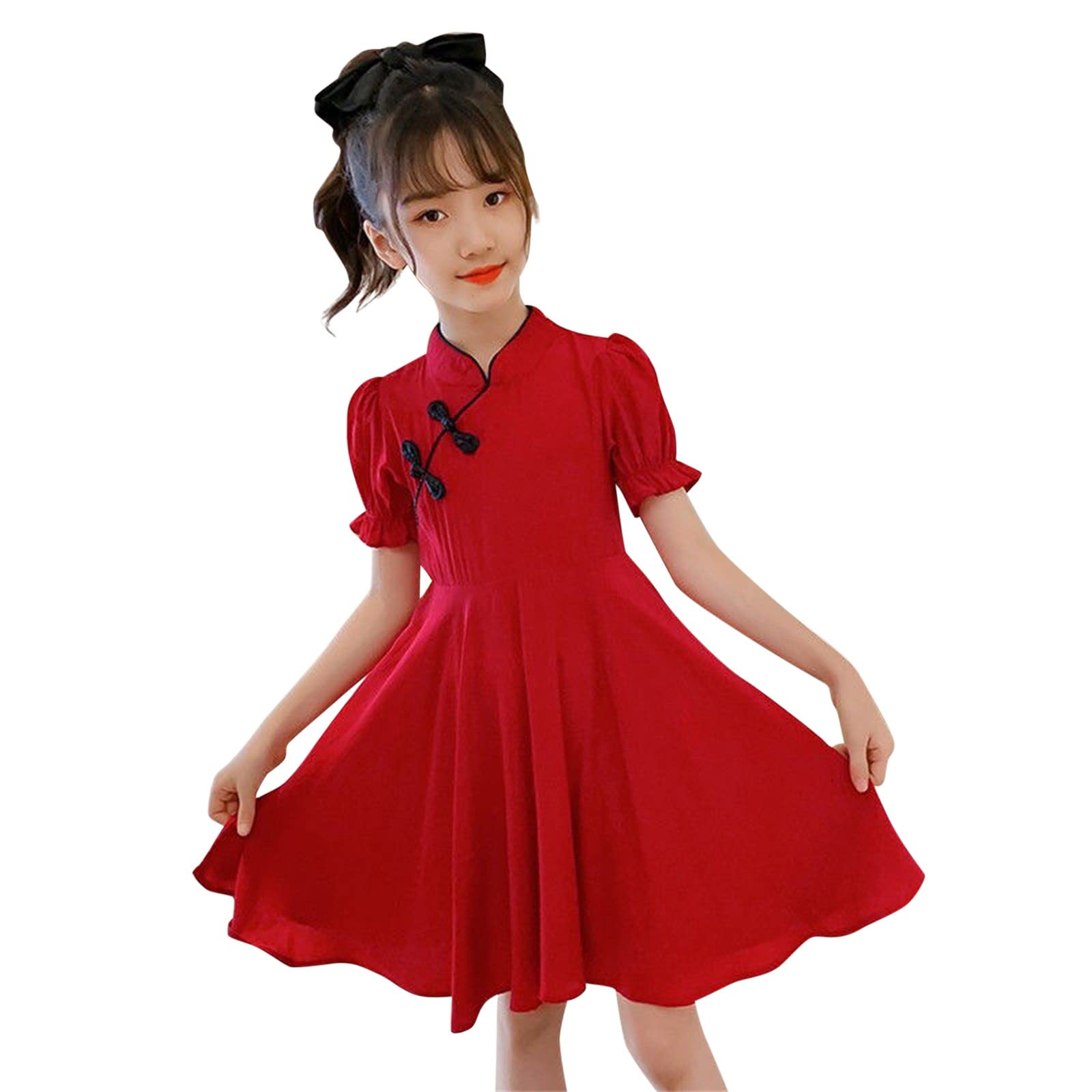 Toddler Girls' Short Bubble Sleeve Cheongsam Dress - Patchwork Solid Princess Outfit for Weddings & Special Occasions | Traditional Chinese Qipao Style for Flower Girls & Birthday Parties
